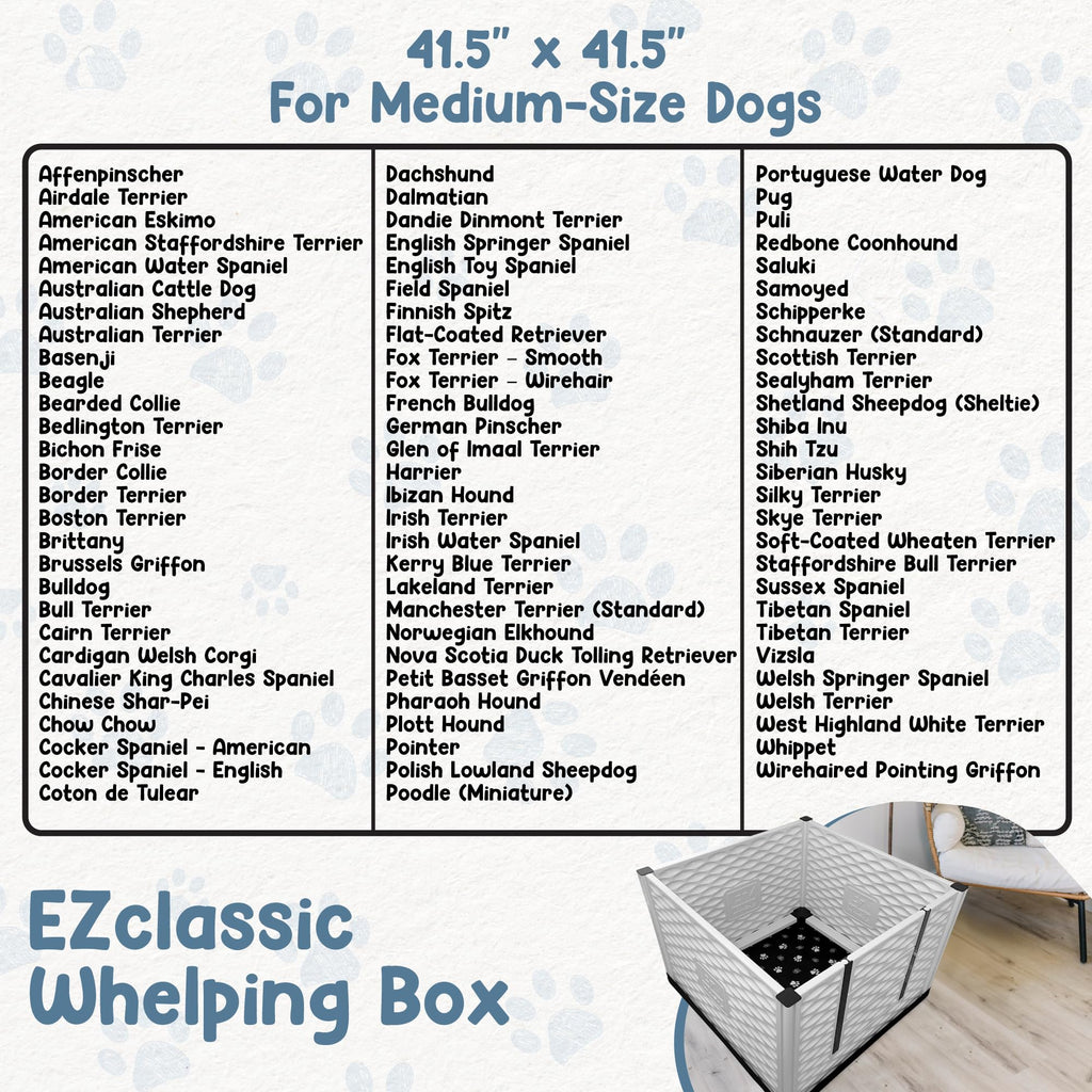 EZwhelp EZclassic Windowed 48"x48"x18" Whelping Box with Rails and Windowed Walls, Padded Dog Whelping Box, Black Pad