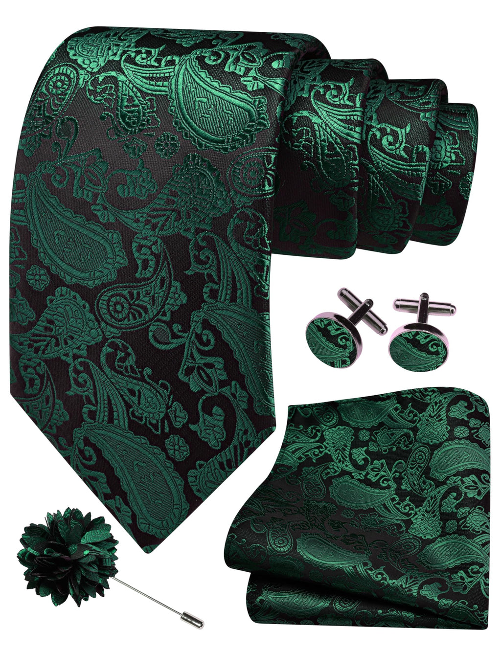 GUSLESON 3.15"（8cm） Mens Paisley Tie and Lapel Pin Necktie Hankerchief Cufflinks Set for Men