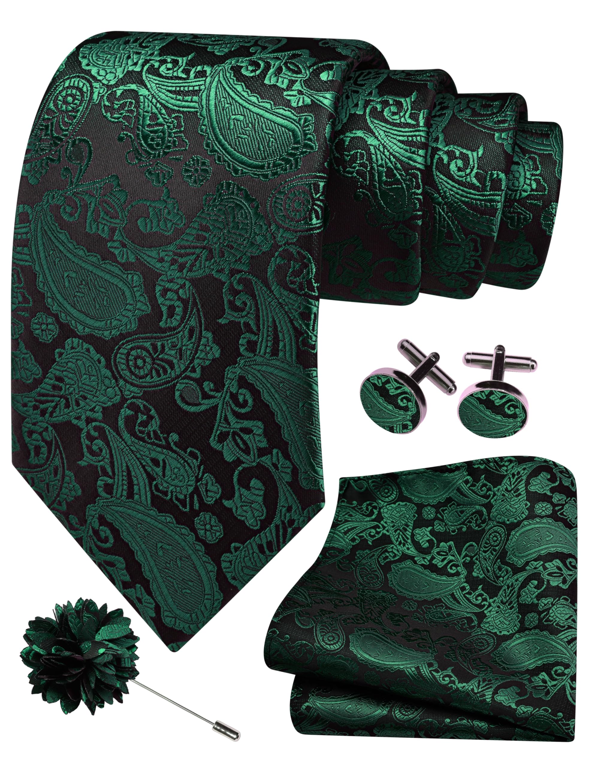GUSLESON 3.15"（8cm） Mens Paisley Tie and Lapel Pin Necktie Hankerchief Cufflinks Set for Men