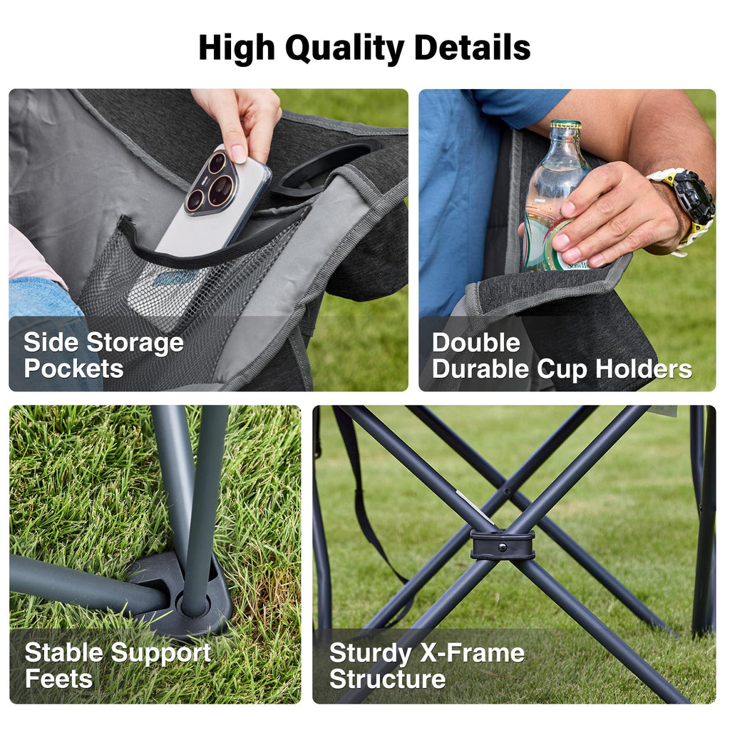 Double Camping Chair Heavy Duty Oversized Padded Loveseat for Adults 2 Person Outdoor Portable Camping Chairs for Lawn, Backyard, Fishing, Trip, Support 600lbs, Grey