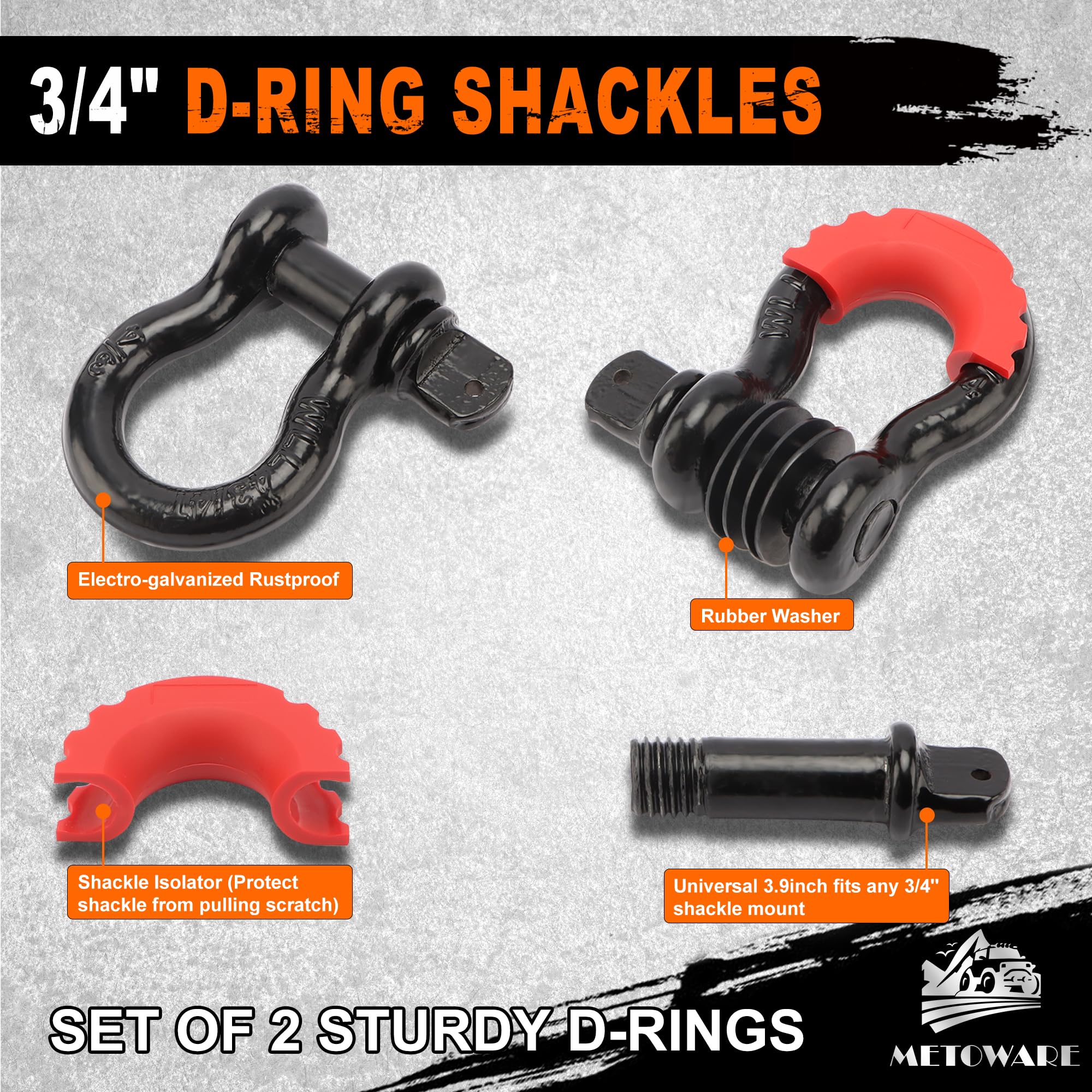 METOWARE Recovery Tow Strap Kit 3" x 20ft, Heavy Duty Recovery Strap 35,000lbs Break Strength with 3/4" D Ring Shackles(2pcs) & Storage Bag, Emergency Off Road Towing Rope for SUV, UTV, ATV, Truck