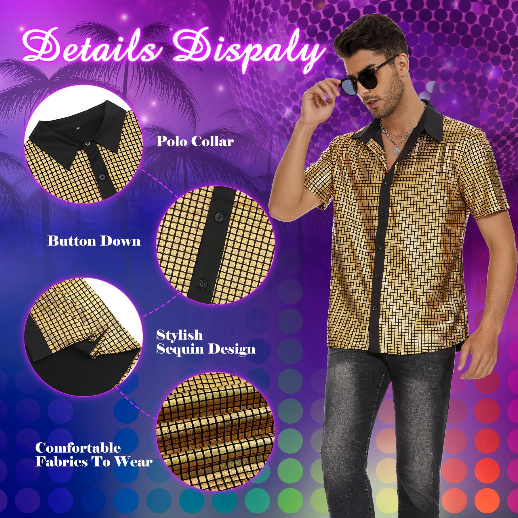 Zando Men's Sequin 70s 80s Disco Shirt - Retro Short Sleeve Button Up Costume Halloween New Year Party Outfit Top & Clubwear