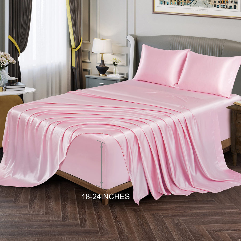 Vonty Extra Deep Pocket Full Sheet Sets - Cooling & Silky Satin Full Size Sheets with 18-24 Inch Deep Pocket, Black Satin Bed Sheets Fit Up to 24" Deep Mattress - 4 Piece Set