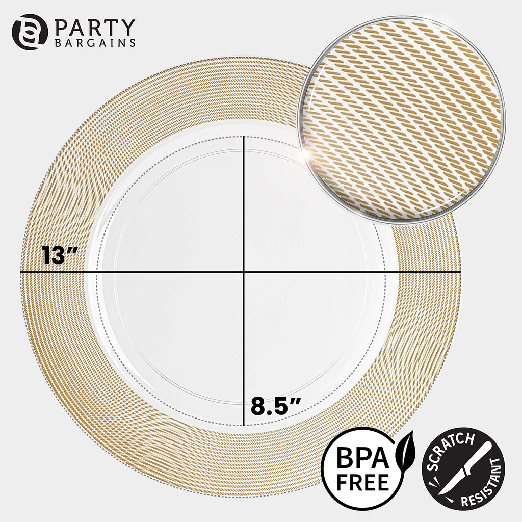 PARTY BARGAINS 13-Inch Charger Plates - 96 Pack, Clear Gold Rim, Heavy-Duty Disposable Chargers for Elegant Dining - Ideal for Weddings and Formal Events