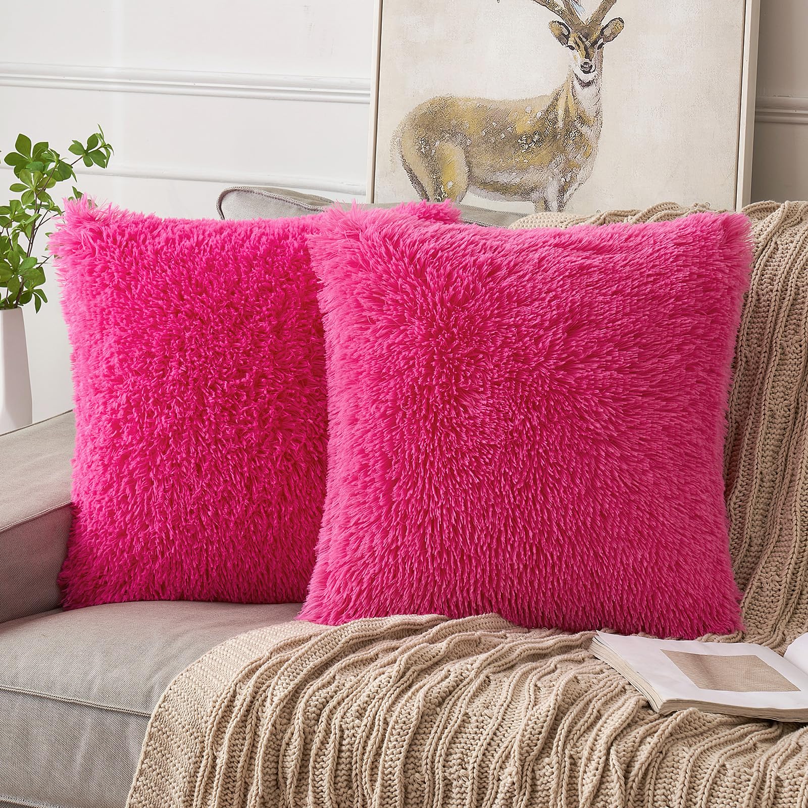 ANRODUO Pack of 2 Baby Pink Throw Pillow Covers Luxury Fluffy Pillows Faux Fur Decorative Pillows Plush Cushion Case Fuzzy Mongolian Merin Style for Bed Couch Sofa Living Room Summer Decor 16x16 Inch