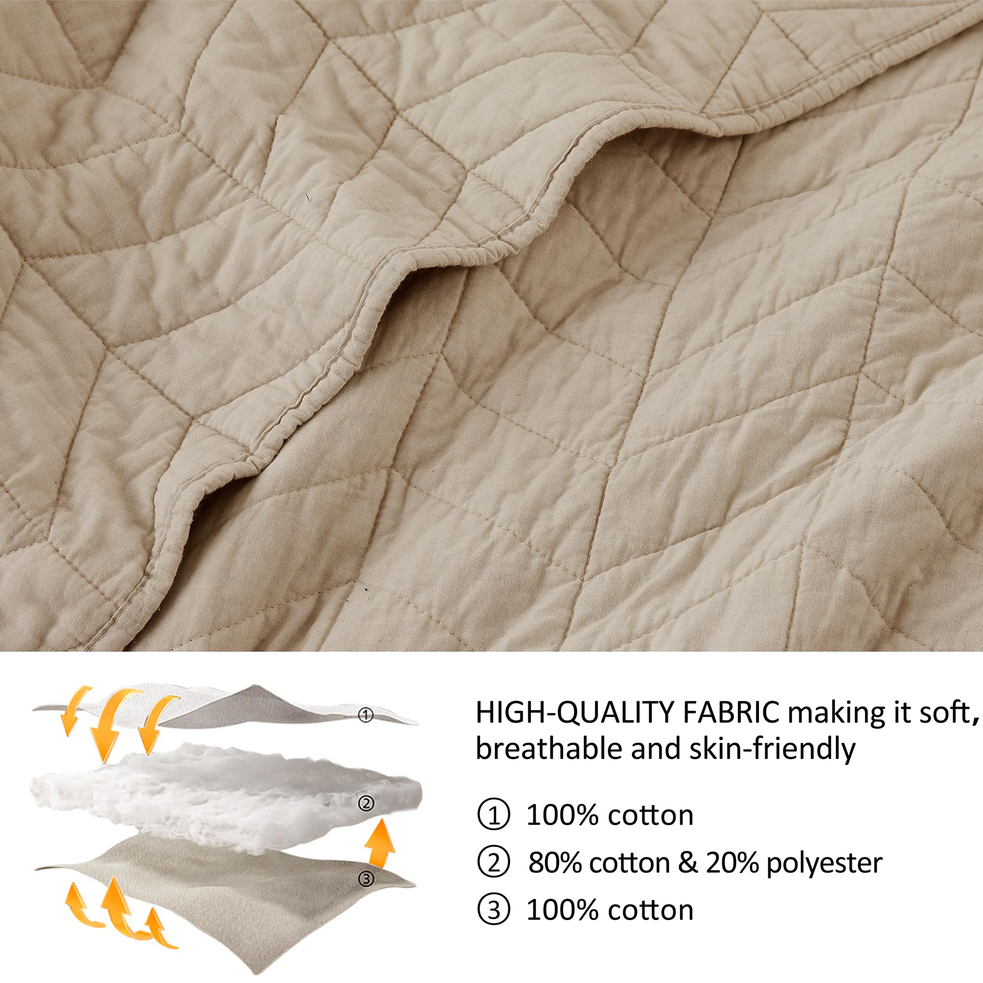 palassio Beige Cotton Quilt Twin Size Bedding Sets with Pillow Sham, White Lightweight Soft Bedspread Coverlet, Tan Cream Quilted Comforter Bed Cover for All Season, 2 Pieces, 68x86 inches