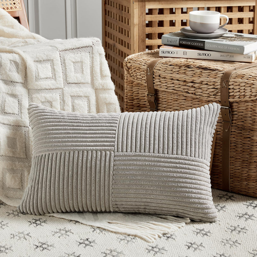 Fancy Homi Olive Green Samll Decorative Throw Pillow Covers 12x12 Inch with for Living Room Couch Bed Sofa, Rustic Farmhouse Boho Home Decor, Soft Corss Patchwork Corduroy Square Cushion Case 30x30 cm