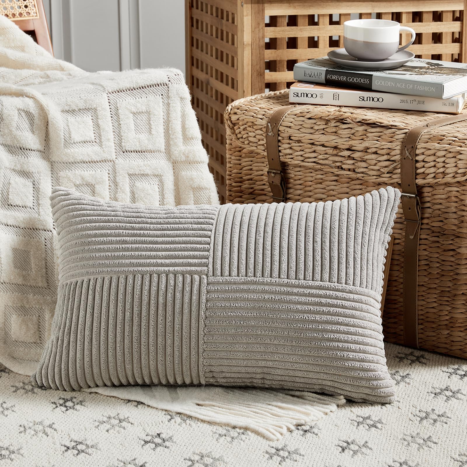Fancy Homi Olive Green Samll Decorative Throw Pillow Covers 12x12 Inch with for Living Room Couch Bed Sofa, Rustic Farmhouse Boho Home Decor, Soft Corss Patchwork Corduroy Square Cushion Case 30x30 cm