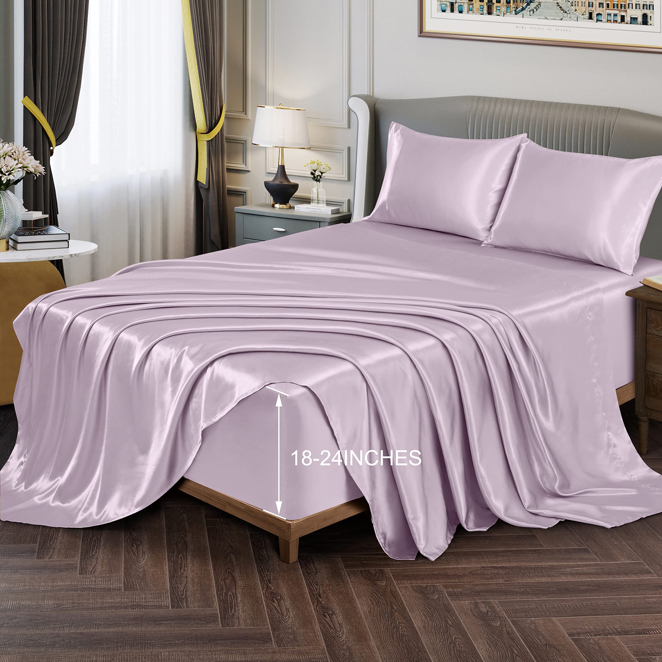 Vonty Extra Deep Pocket Full Sheet Sets - Cooling & Silky Satin Full Size Sheets with 18-24 Inch Deep Pocket, Black Satin Bed Sheets Fit Up to 24" Deep Mattress - 4 Piece Set