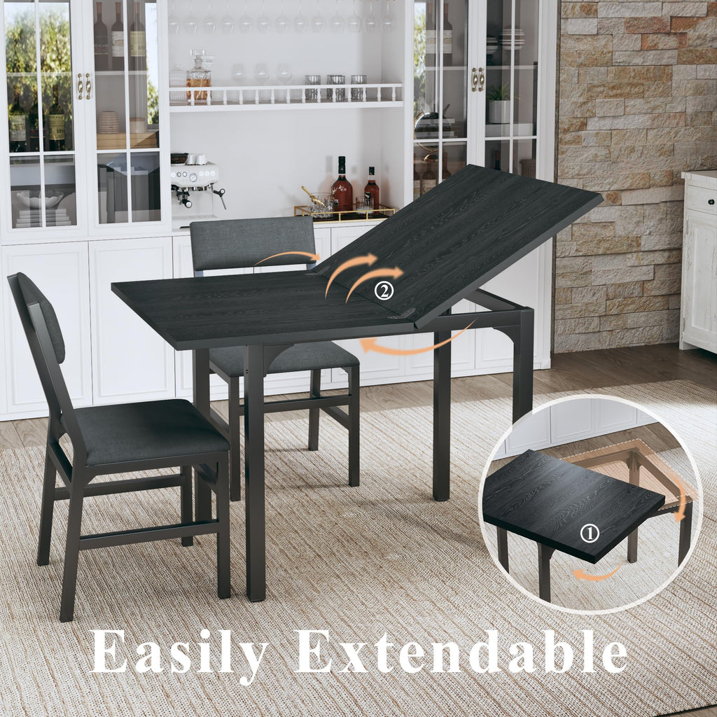HUAHUU Dining Table Set for 4, Extendable Kitchen Table Cushion Chairs Set of 4, Rectangle Dining Table with Metal Frame & MDF Board, Folding for Small Apartment Saving Space, Black
