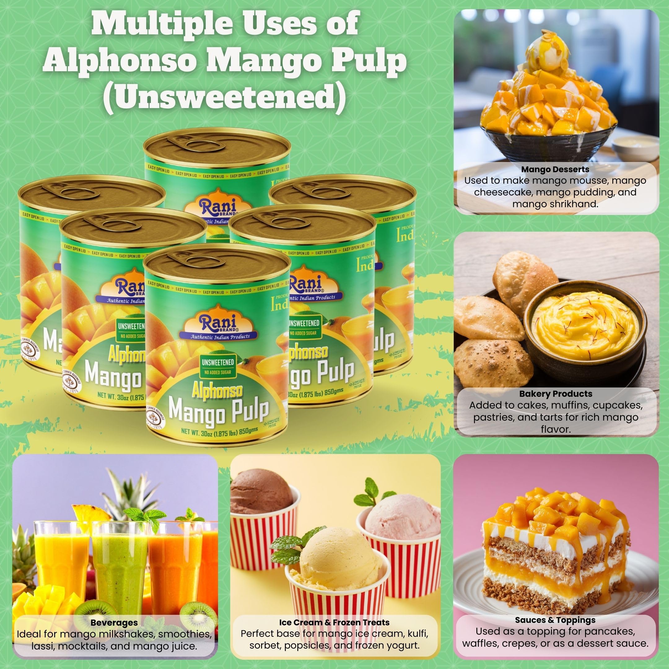 Rani Mango Pulp Puree (Makes Mango Lassi Shakes) Alphonso Sweetened 30oz (1.875lbs) 850g ~ Kosher | All Natural | NON-GMO | Vegan | No colors | Gluten Friendly | Indian Origin