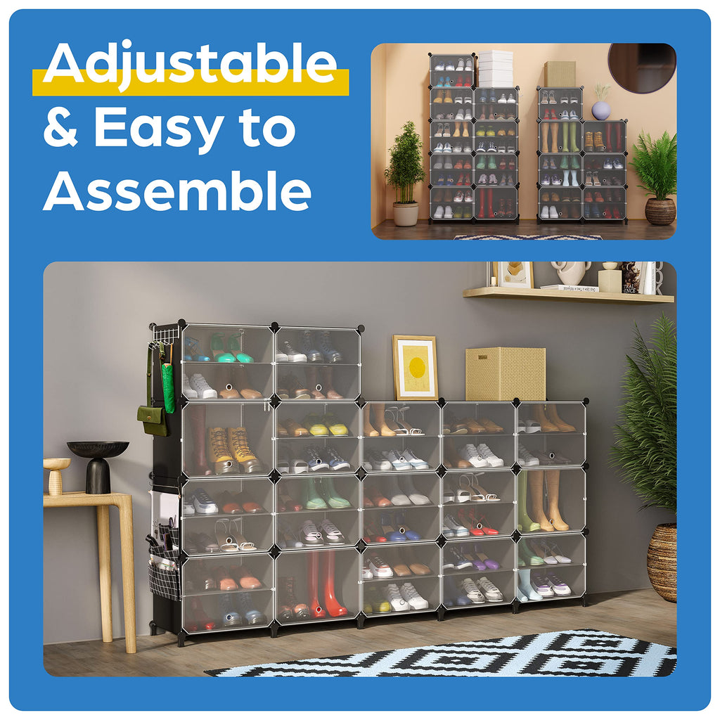 CUBEDIY Shoe Organizer Cabinet Up to 72 Pairs, Shoe Closet-Covered Shoe Rack with See-Through Door (Clear, Plastic, Stackable) Cubby Portable Shoe Organizer with Covers, Hooks & Pockets, Black