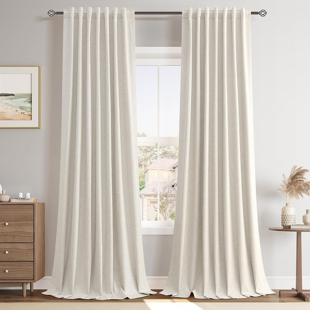 Joywell Extra Long 100% Blackout Linen Curtains 102 Inch Long 2 Panels Set for Bedroom Living Room Nursery,Back Tab Rod Pocket Room Darkening Thermal Insulated Black Out Window Drapes,Beige 52x102