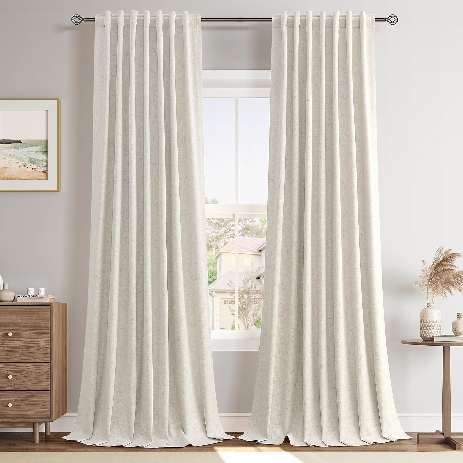 Joywell Extra Long 100% Blackout Linen Curtains 102 Inch Long 2 Panels Set for Bedroom Living Room Nursery,Back Tab Rod Pocket Room Darkening Thermal Insulated Black Out Window Drapes,Beige 52x102
