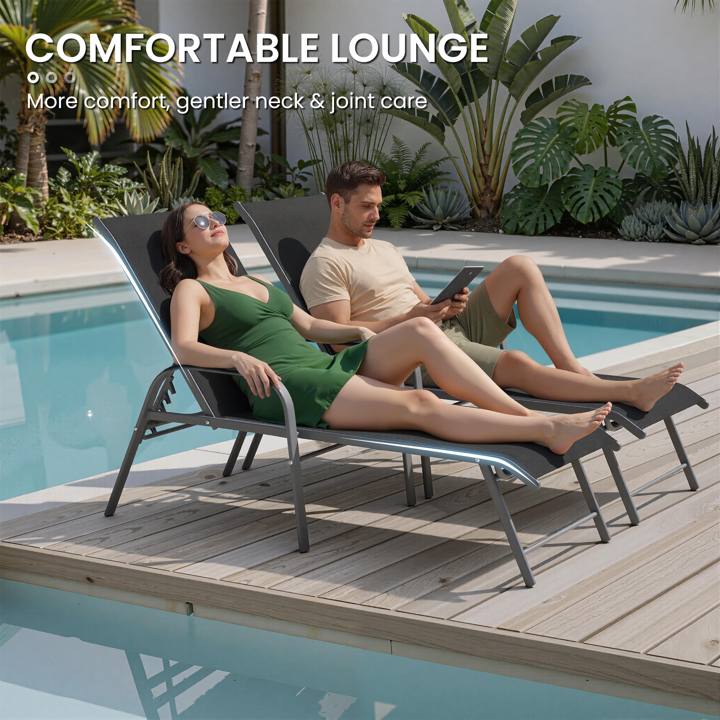 Crestlive Products Chaise Lounge Chair Outdoor with Armrests, Pool Lounge Chairs Set of 2, Aluminum Adjustable 5 Positions Sun Tanning Lounger for Patio, Poolside, Yard, Deck, Backyard (Beige)