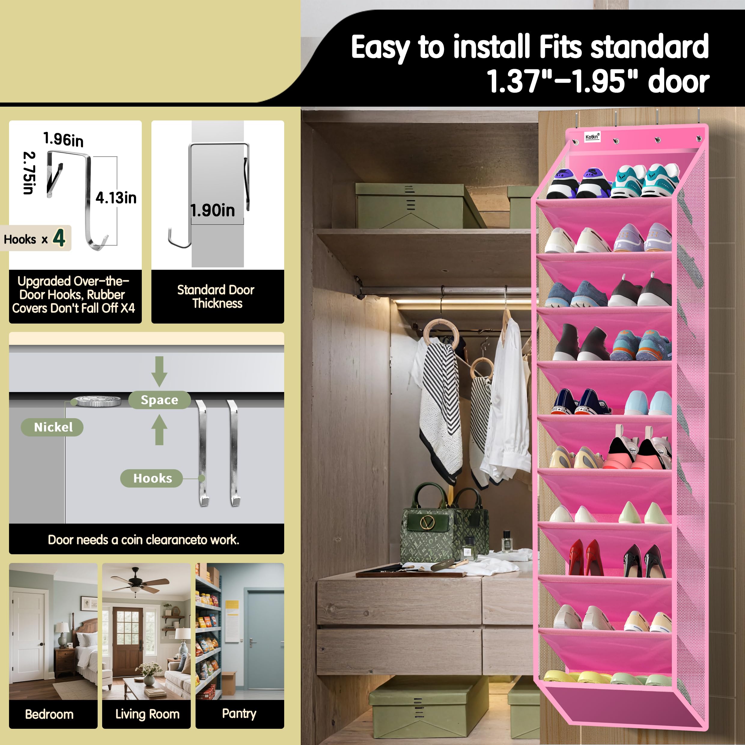 Kotkn 10 Tier Over The Door Organizer - Heavy Duty Hanging Storage Rack with Sturdy Oxford Fabric, Holds 20+ Pairs of Footwear, Boots & Sneakers, Saves 50% Closet Space(Beige)