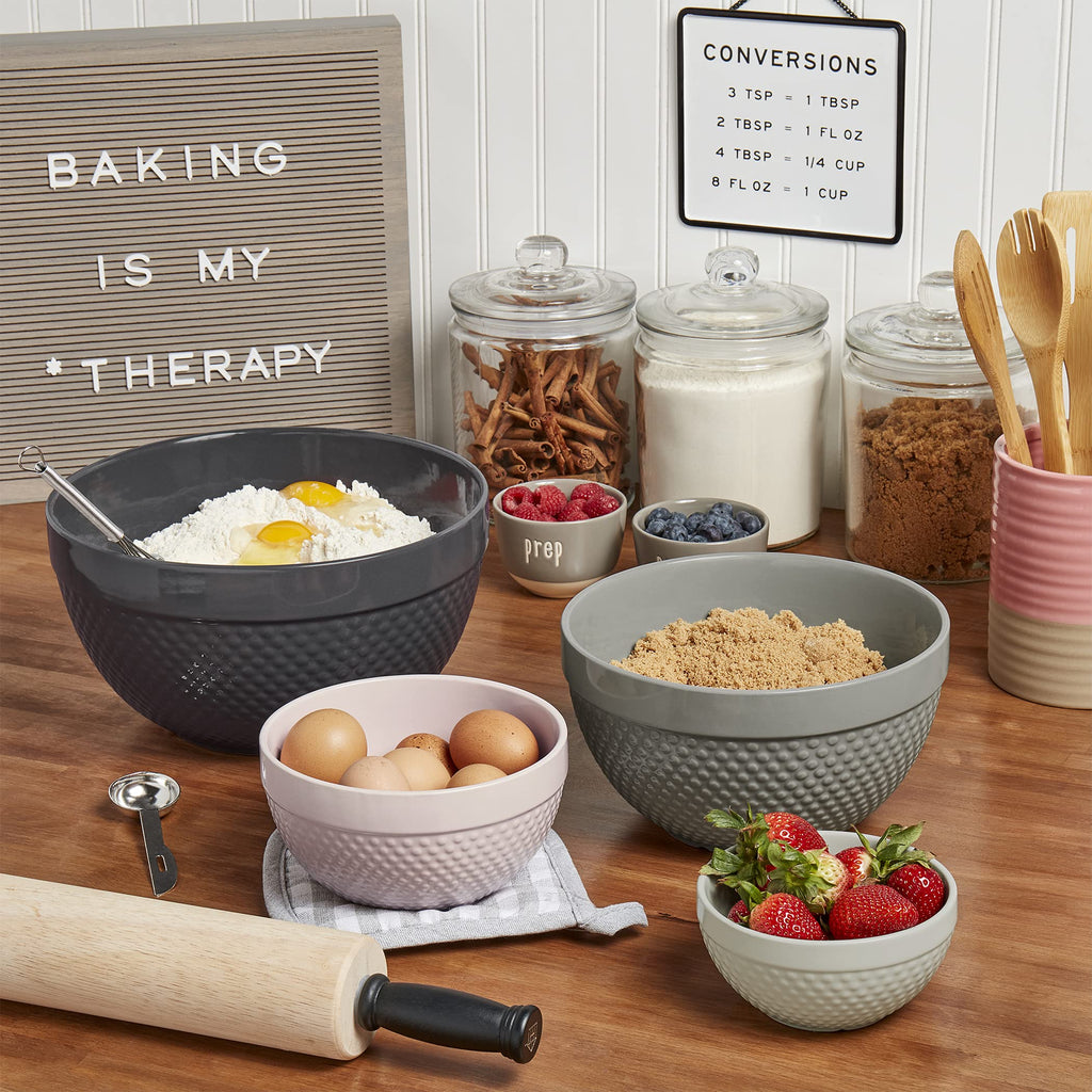TTU Tabletops Gallery Hobnail Style 4 Piece Timeless Grey Stoneware Nesting Mixing Bowl Set for Baking and Cooking