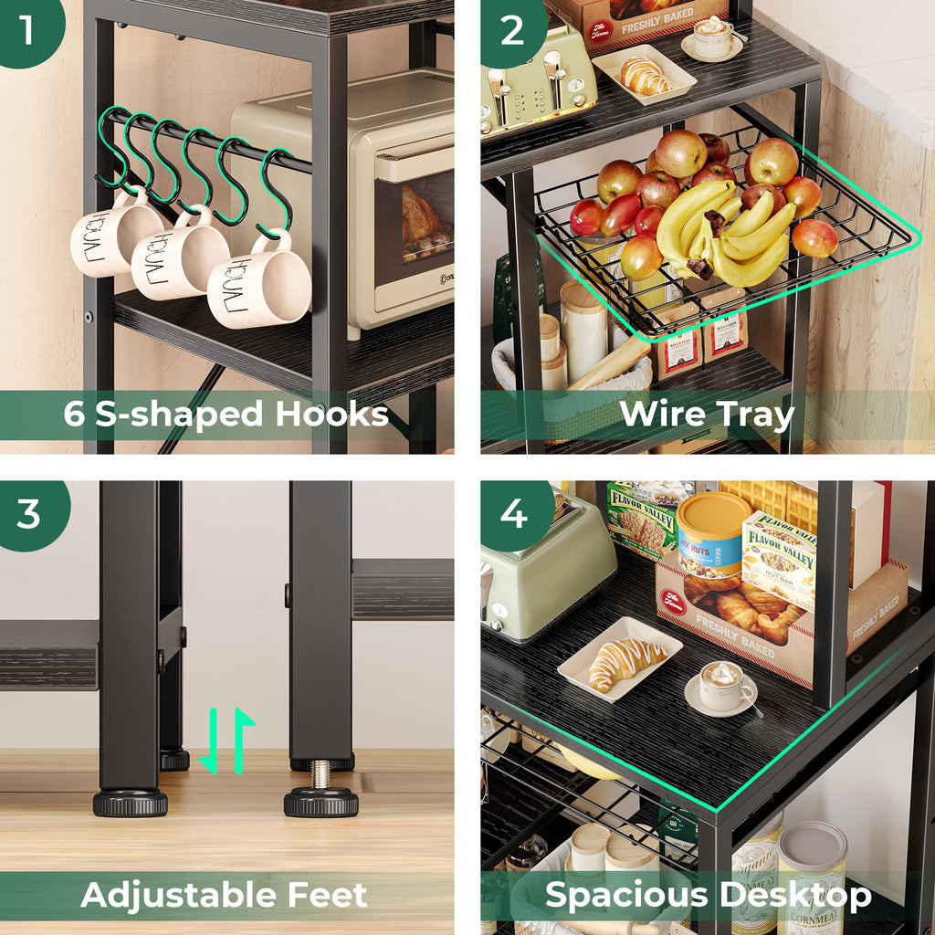 SUPERJARE Bakers Rack with Power Outlet, 35.4 Inches Coffee Bar with Wire Basket, Kitchen Microwave Stand with 6 S-Shaped Hooks, Open Storage Shelves, Black