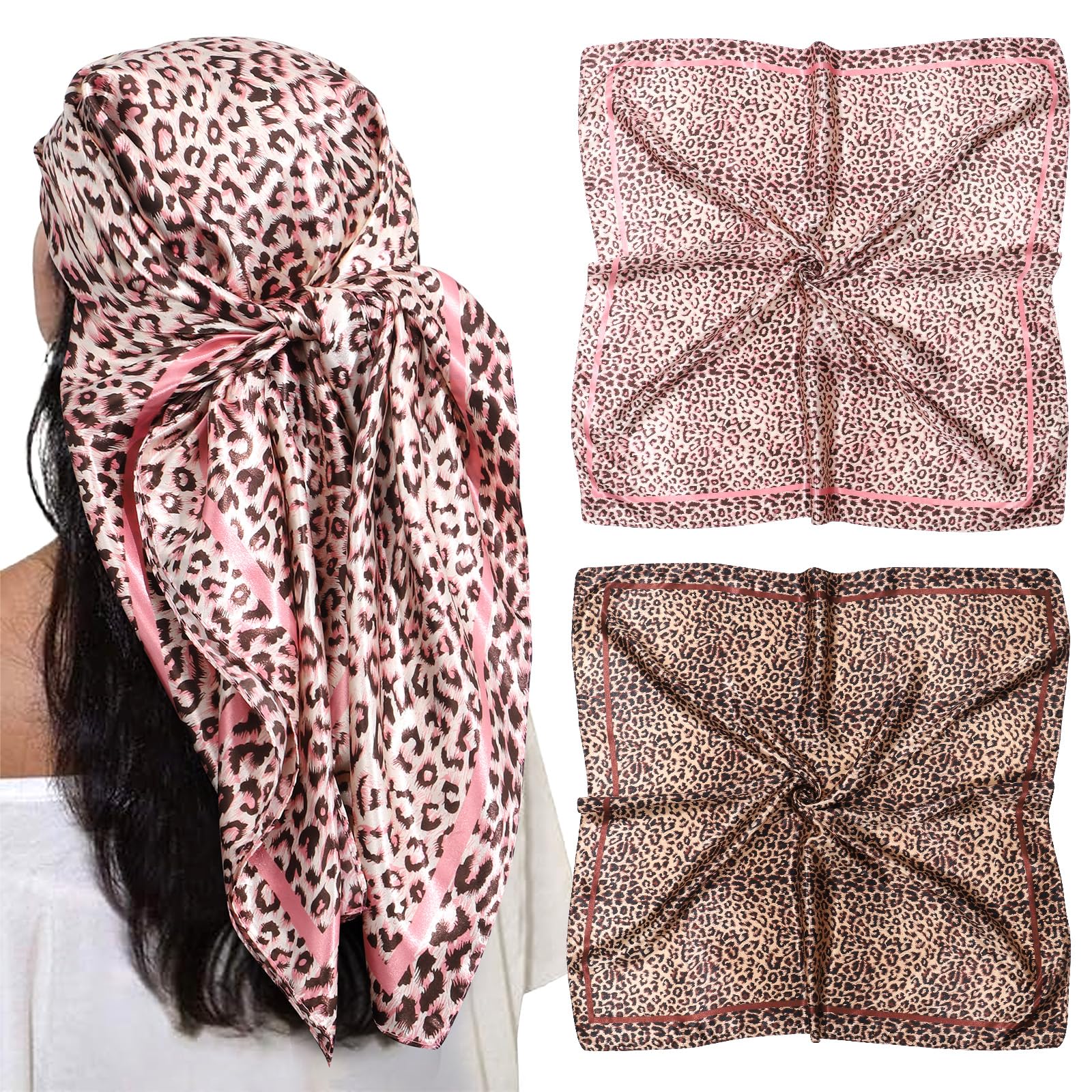 AWAYTR 35” Large Satin Square Head Scarf - 2Pcs Silk Like Floral Head Scarves Square Satin Hair Scarf Bandanas for Women