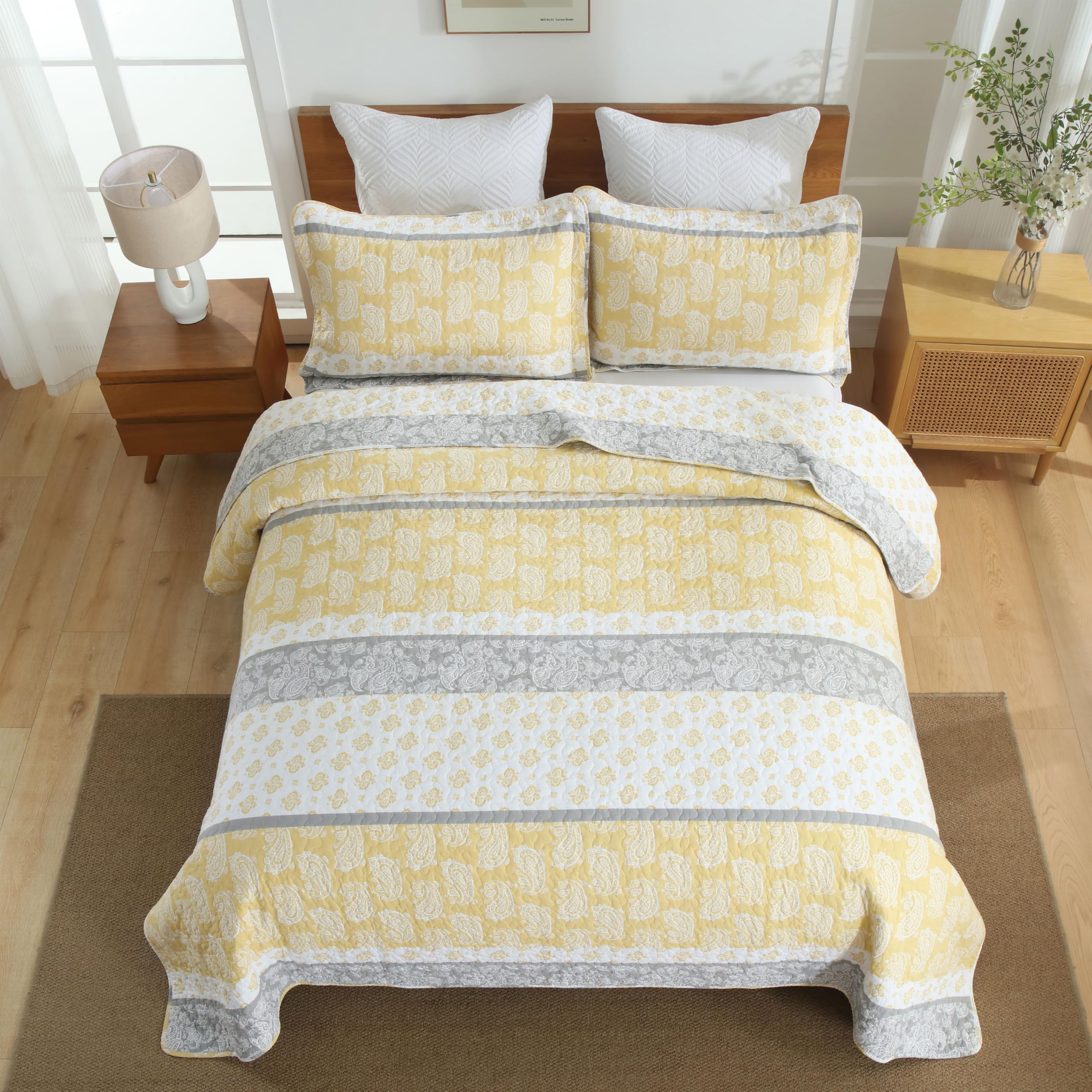 Yellow Quilts Queen Size, Paisley Comforter Set Queen Cotton Bed, Yellow Grey White Comforter, Striped Bedding Queen Size, Lightweight Luxury Bedspread,3 Piece