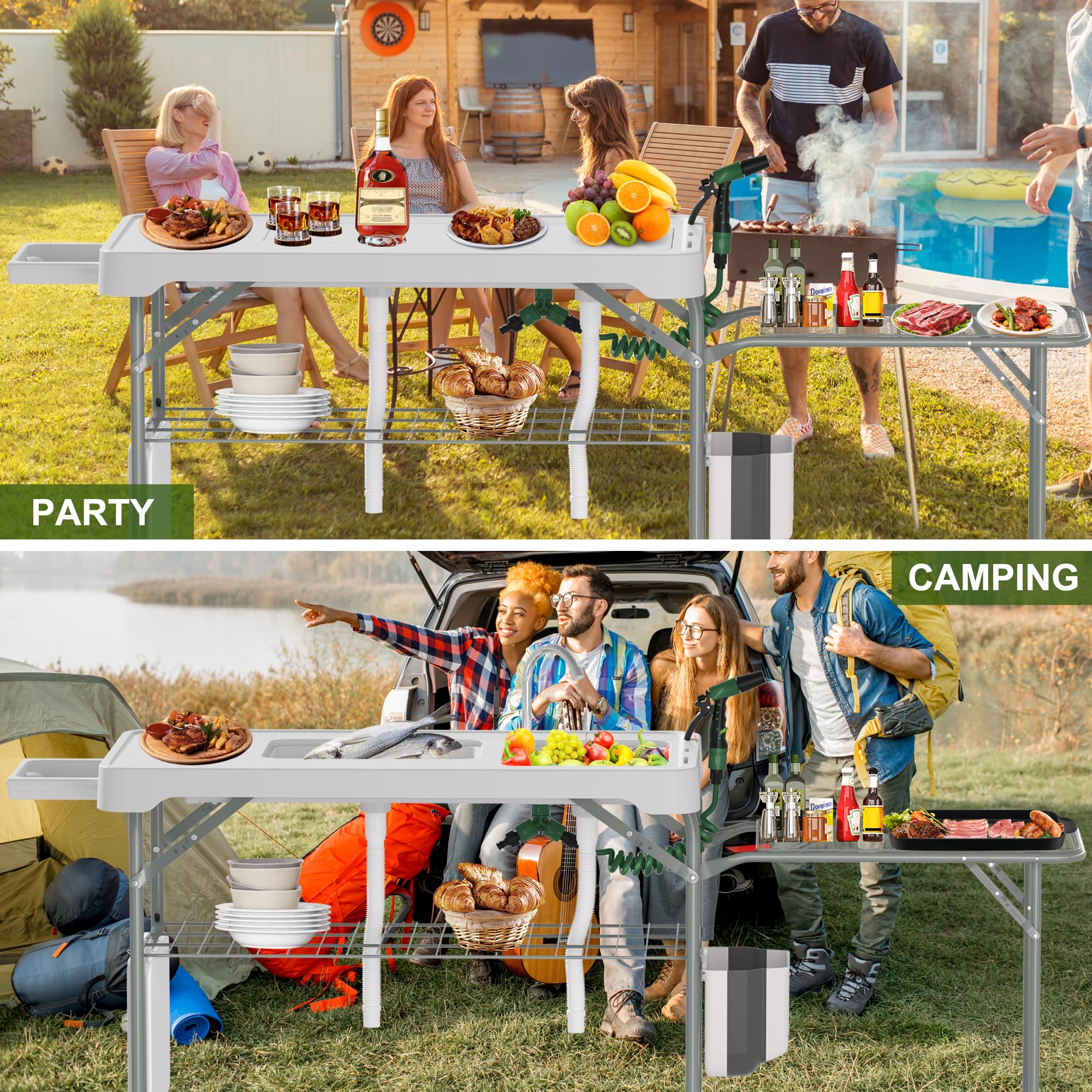 Dragosum Fish Cleaning Table, Portable Folding Camping Table with Folding Grill Extension Board, Fish Cleaning Station with Dual Sinks, Hose Hook Up