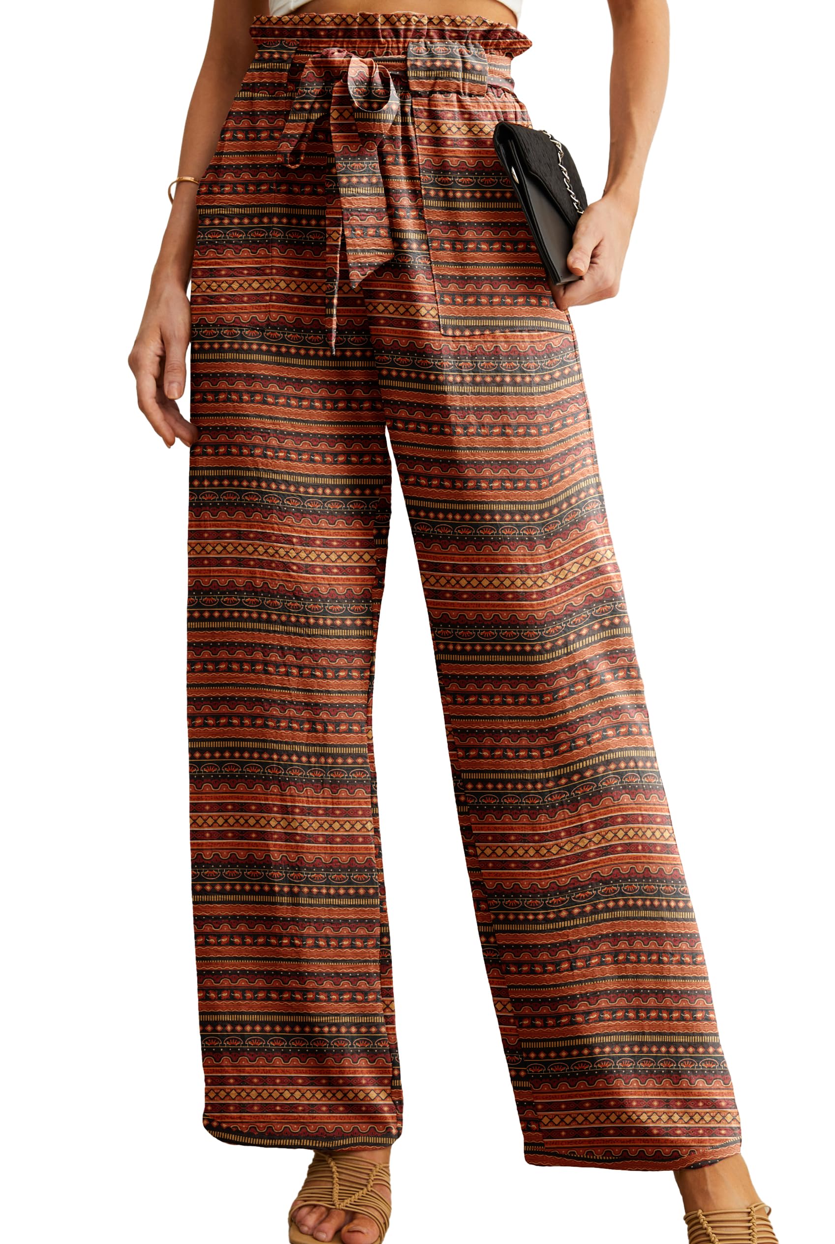 IWOLLENCE Women High Waist Palazzo Pants, Adjustable Knot Ankle Wide Leg Trousers Pockets Beach Vacation Lounge Office