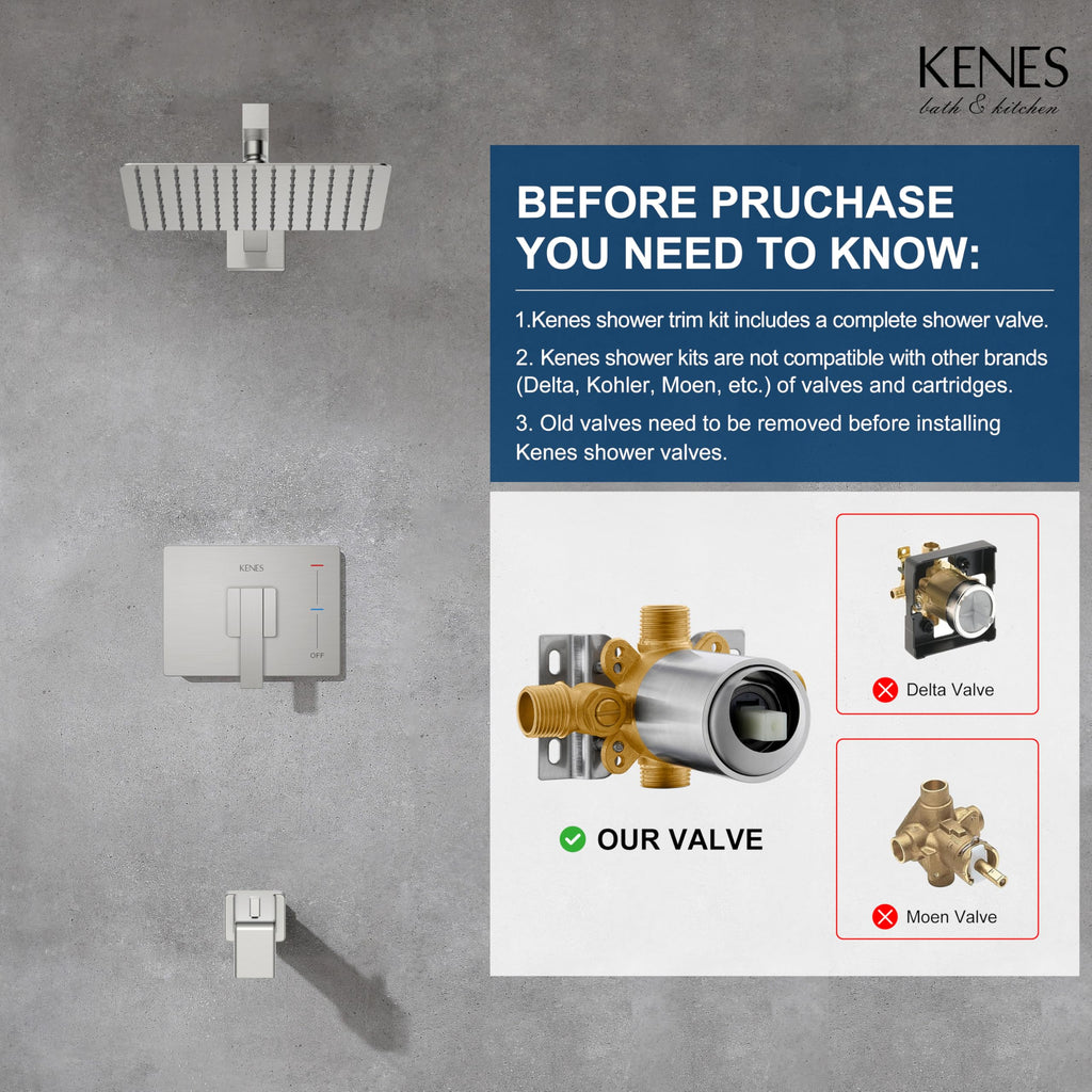 KENES Brushed Nickel 10-Inch Shower Head and Handle Set, Square Shower Faucet Set Bathroom Rainfall Shower System Wall Mount, KE-6024B (Shower Valve Included)