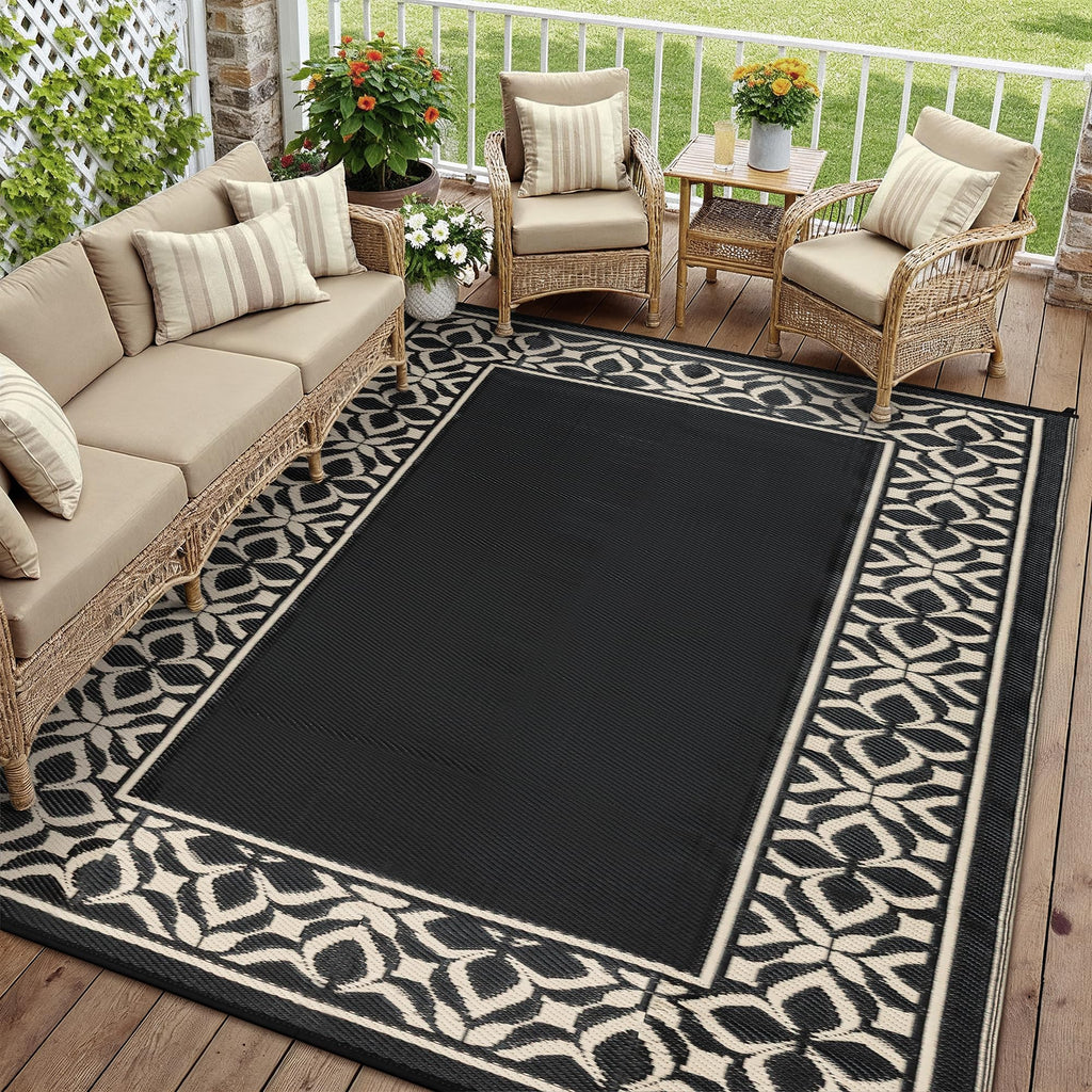 PureCozy Outdoor Plastic Straw Rug Black Beige Large Outside Waterproof Outdoor Patio 5x8 Carpet Geometric Reversible Mat Modern for Camping RV Porch Deck Balcony Beach