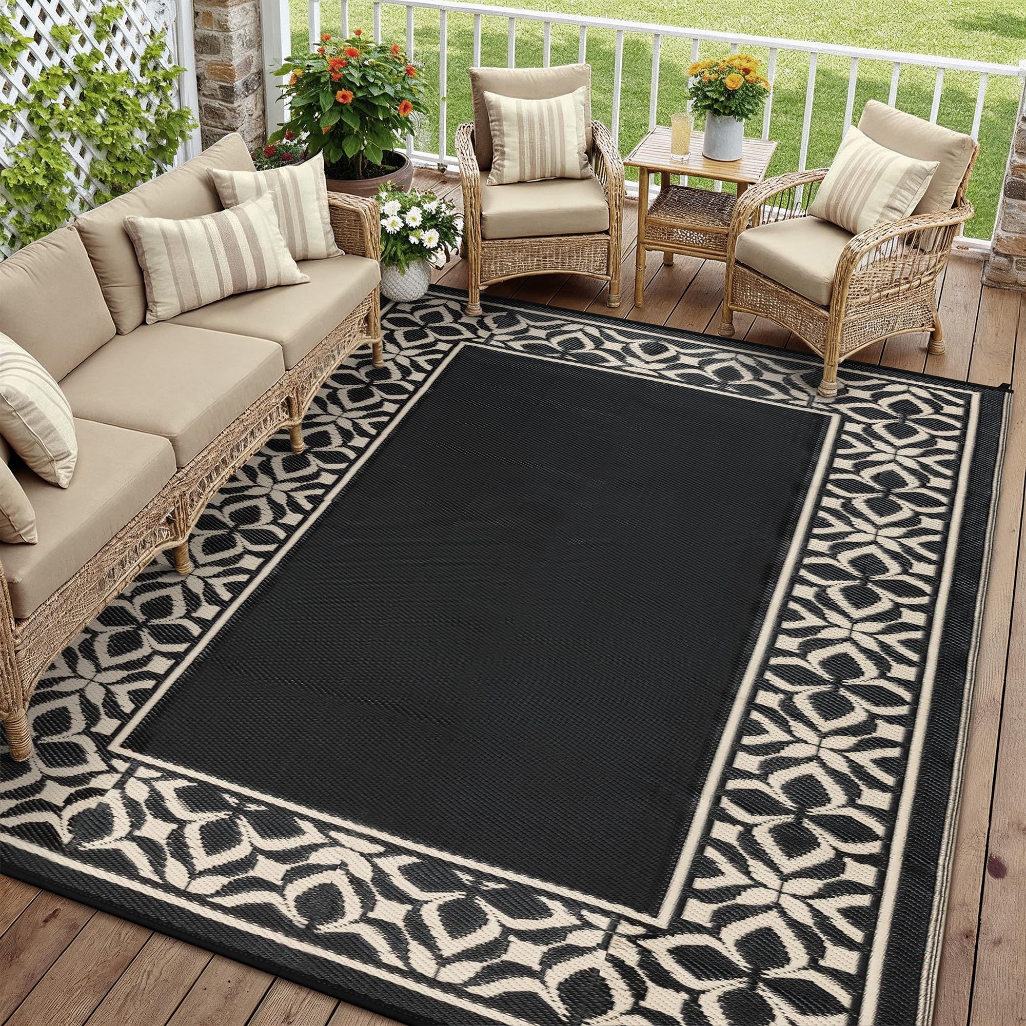 PureCozy Outdoor Plastic Straw Rug Black Beige Large Outside Waterproof Outdoor Patio 5x8 Carpet Geometric Reversible Mat Modern for Camping RV Porch Deck Balcony Beach