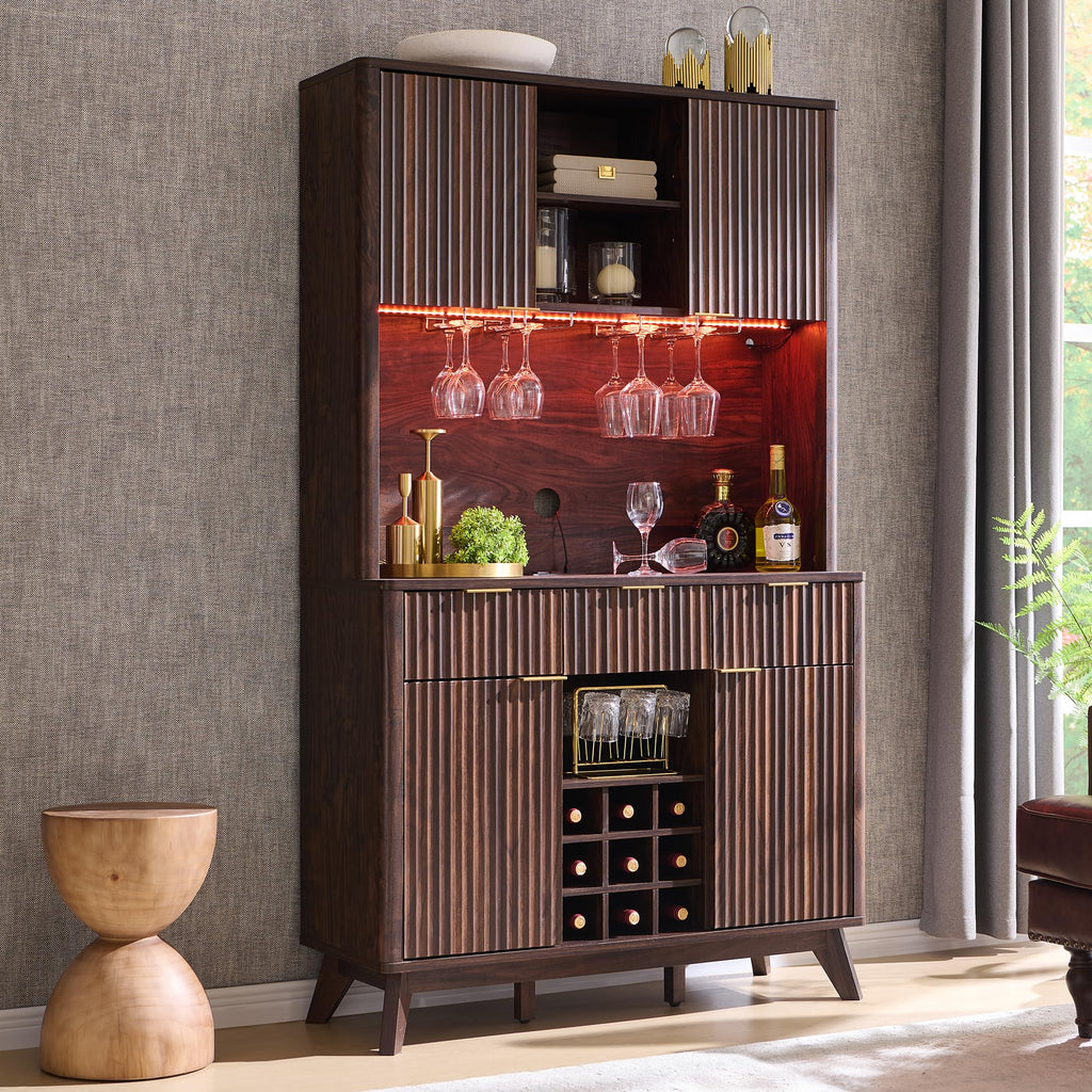 OKD 72" Tall Fluted Coffee Bar Cabinet with Ample Storage, Modern Buffet Sideboard with Glass Holder/Wine Rack/Led Lights/Charging Station, Wine Cabinet for Kitchen, Dining Room, Home Bar, Dark Walnut