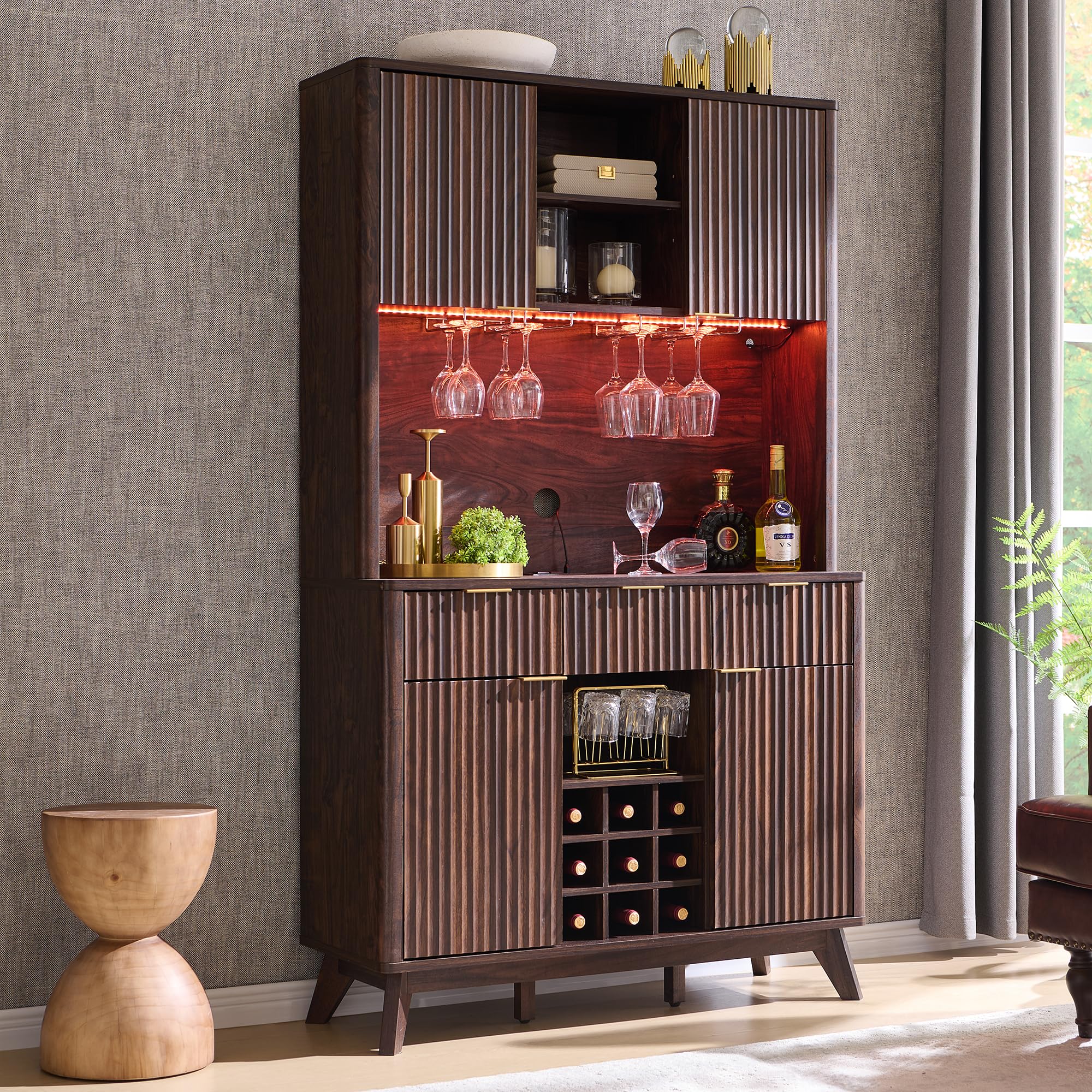 OKD 72" Tall Fluted Coffee Bar Cabinet with Ample Storage, Modern Buffet Sideboard with Glass Holder/Wine Rack/Led Lights/Charging Station, Wine Cabinet for Kitchen, Dining Room, Home Bar, Dark Walnut