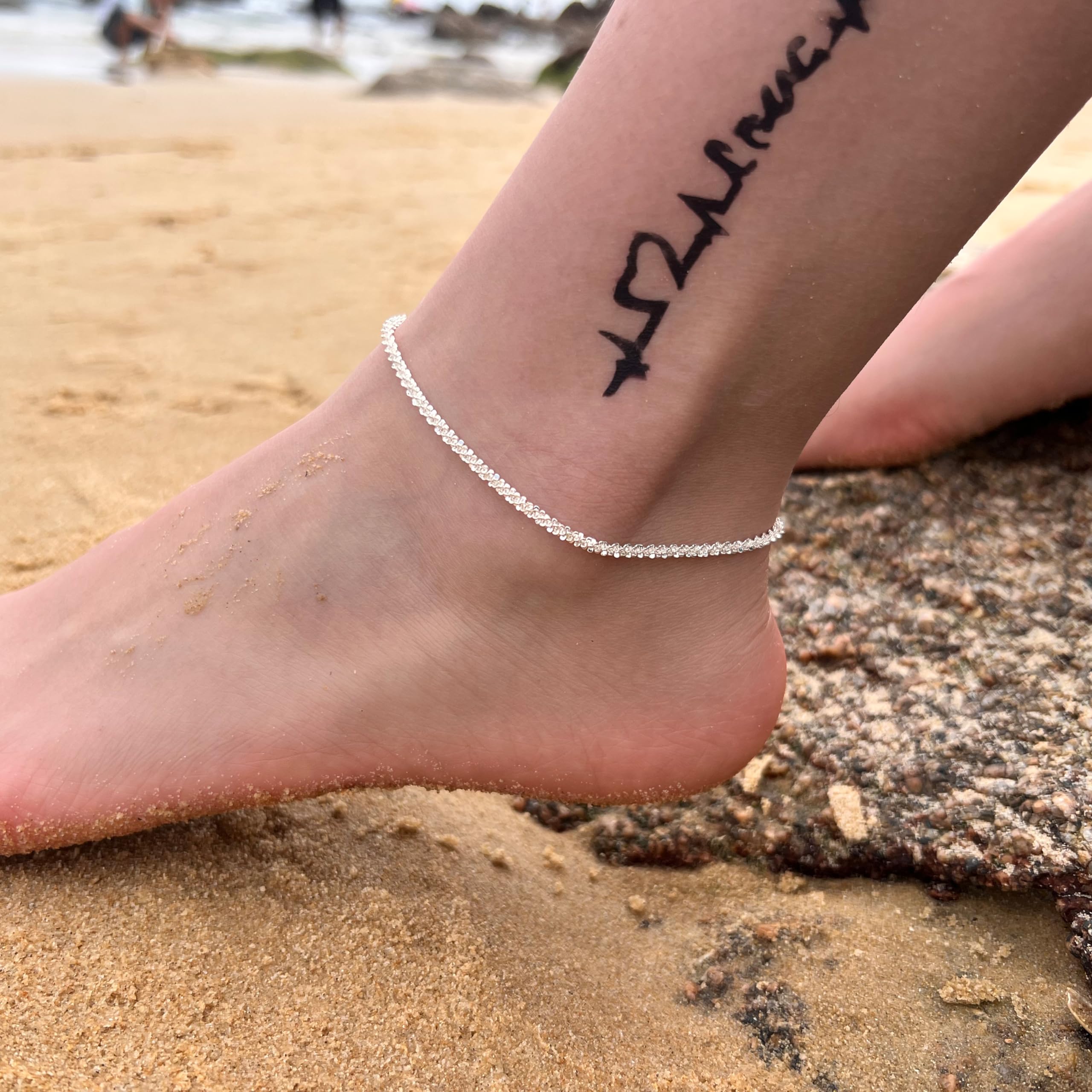 Freekiss Sterling Silver Ankle Bracelets for Women: Dainty Layered Waterproof Anklet for Women Adjustable Womens Anklet Set Stackable Figaro Beaded Cuban Link Anklets Beach Jewelry for Women
