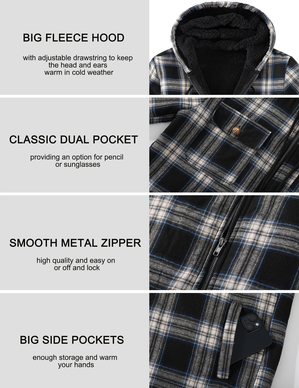 Men's Flannel Plaid Hooded Jackets Full Zip Sherpa Fleece Lined Hoodies Fashion Warm Coat