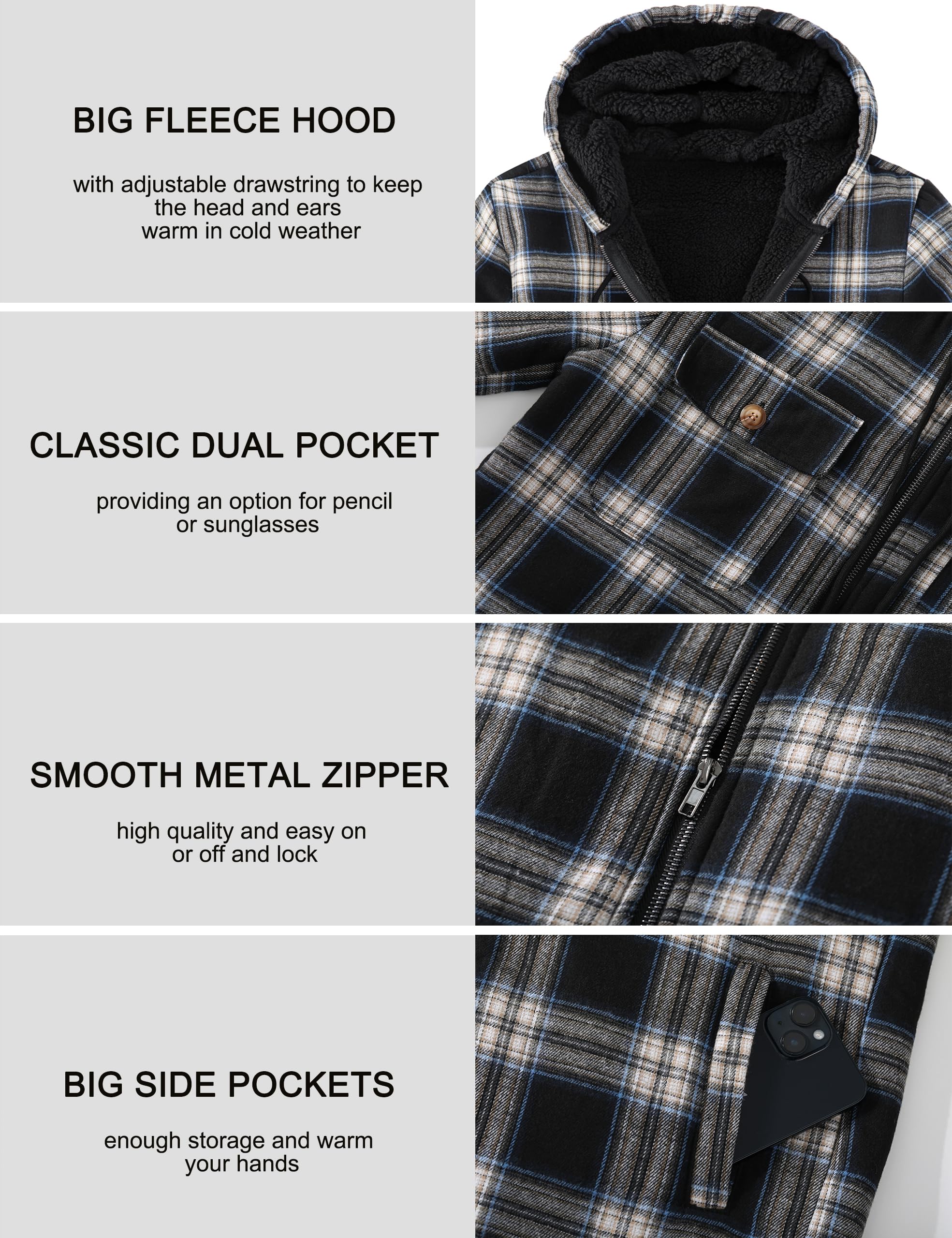 Men's Flannel Plaid Hooded Jackets Full Zip Sherpa Fleece Lined Hoodies Fashion Warm Coat