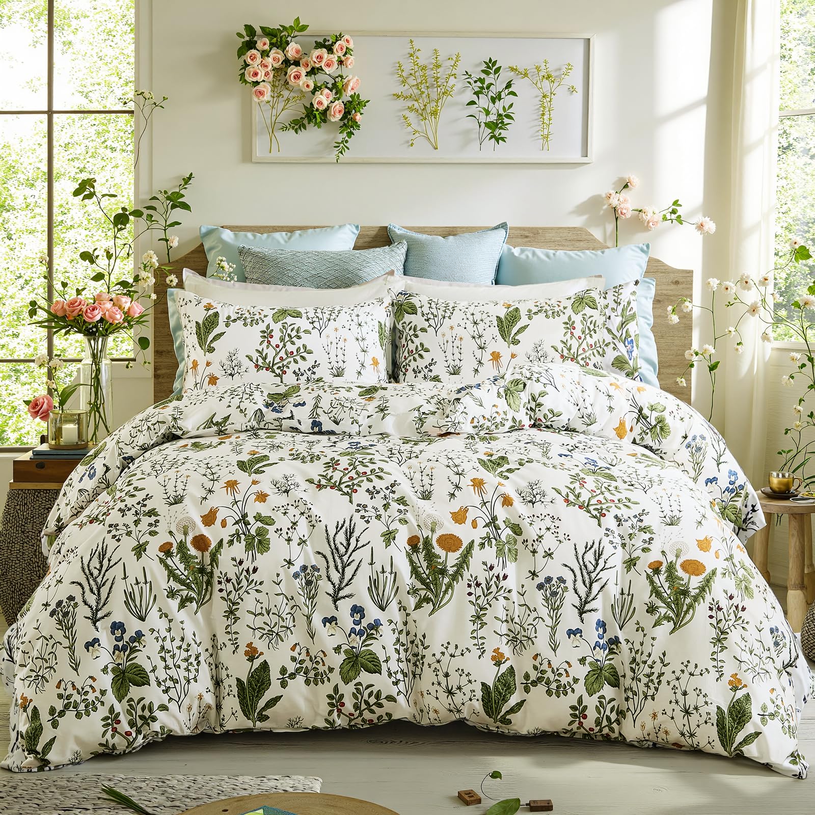 100% Natural Cotton Comforter Set Queen 3 Pcs Grayish Blue Bedding Sets with Luxurious Damask Pattern, Reversible Breathable Soft Comforter Sets for All Season