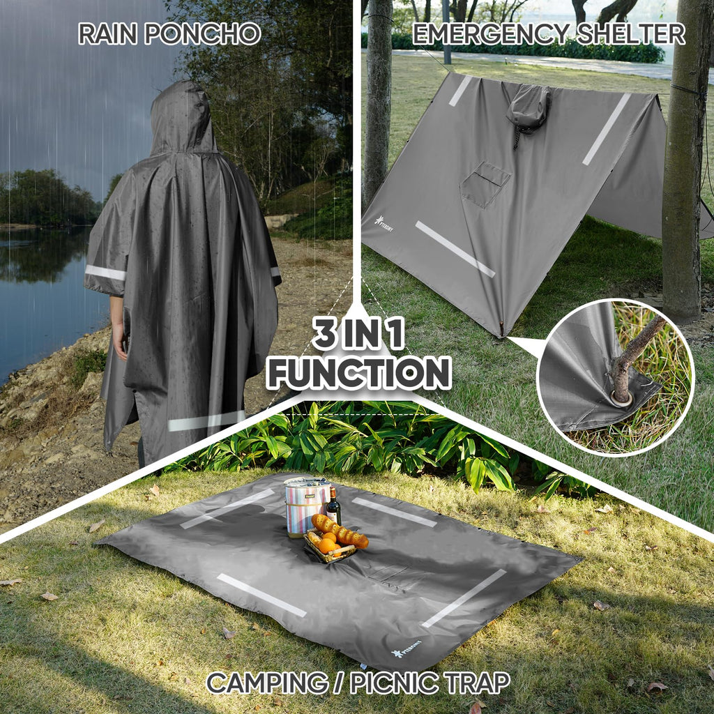 PTEROMY 3-in-1 Hooded Rain Poncho for Adult with Pocket, Waterproof Lightweight Unisex Raincoat for Hiking Camping Emergency