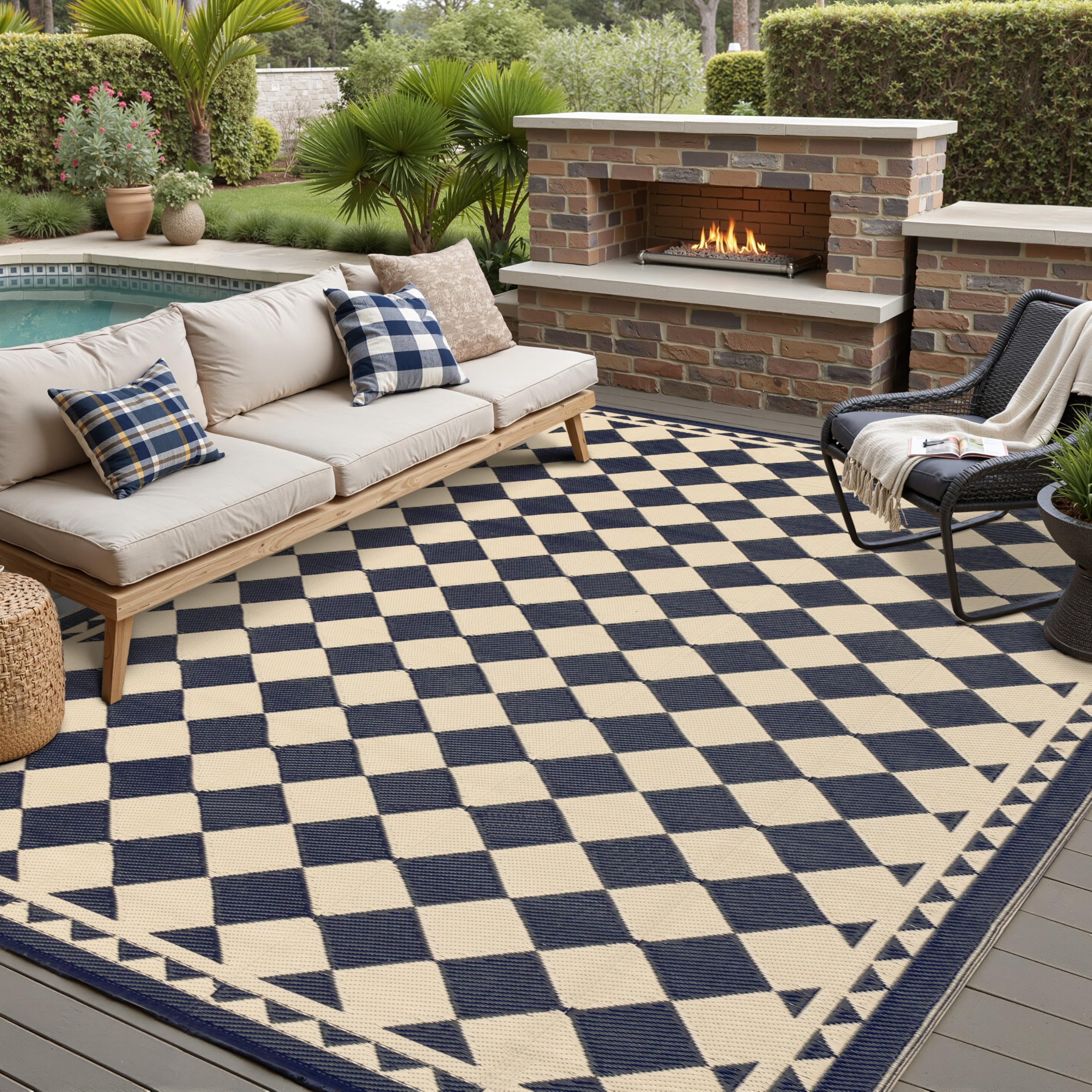 HUGEAR Outdoor Patio Rug 3'x5' Waterproof Outside Area Rugs Blue Reversible Plastic Straw Carpet for RV Deck Camping Entryance Porch Picnic Balcony Beach