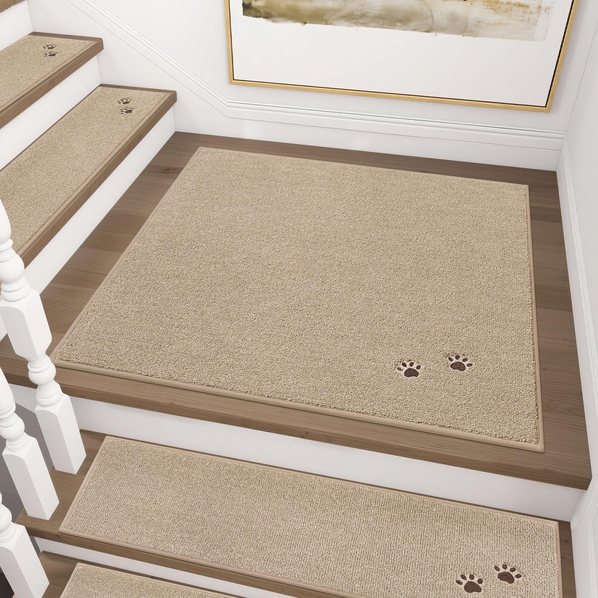 BEQHAUSE Stair Treads for Wooden Steps 28inX9in, Non Slip Carpet Stair Treads Indoor Stair Runners Machine Washable, Soft Stair Rugs Mat Surface Polyester TPE Backing, 4pcs, Beige