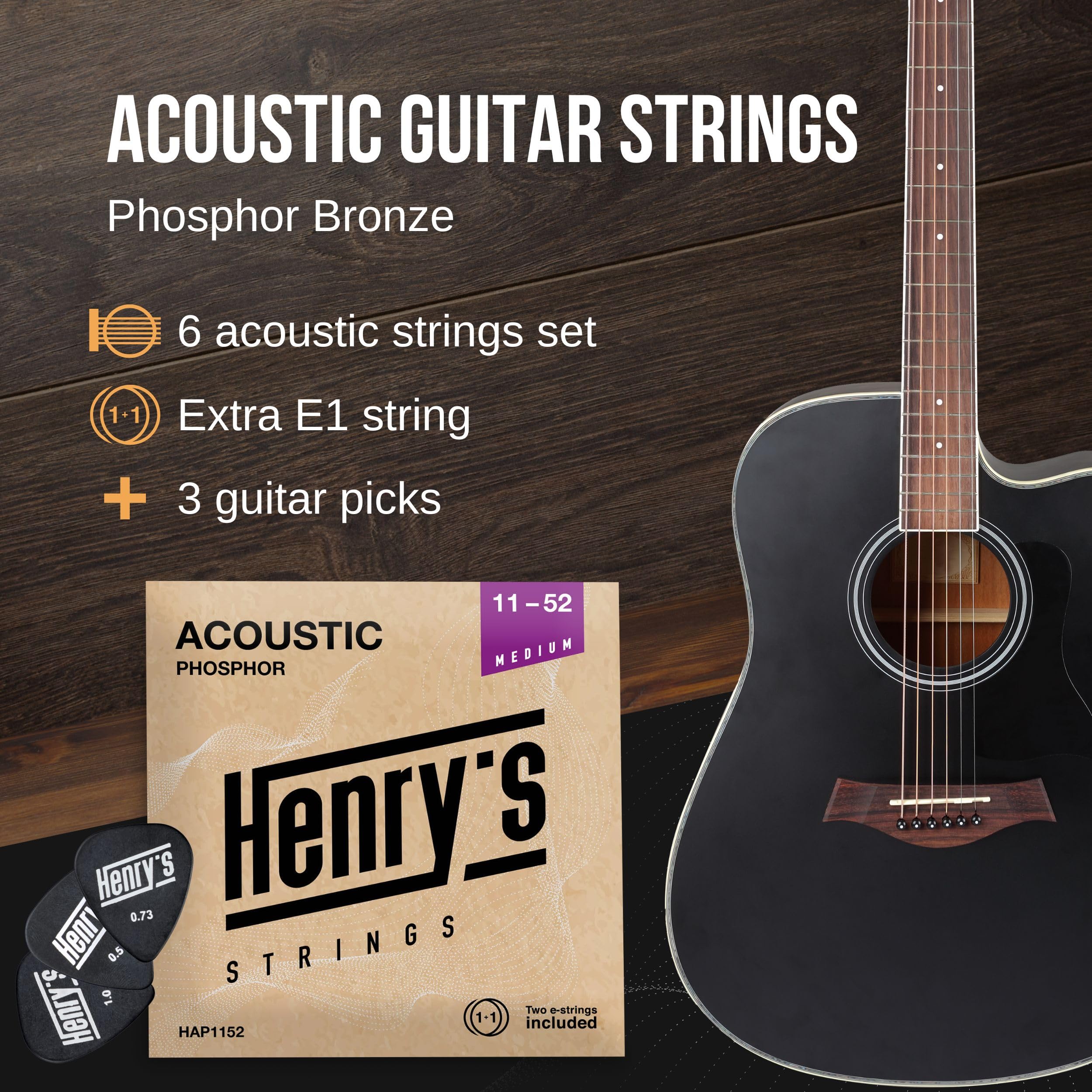 Light Acoustic Guitar Strings 10-47 - Brilliant Sound & Extra E1 String & 3xGuitar Picks - Phosphor Bronze Guitar Strings Acoustic - Acoustic Guitar Strings 6 String Set