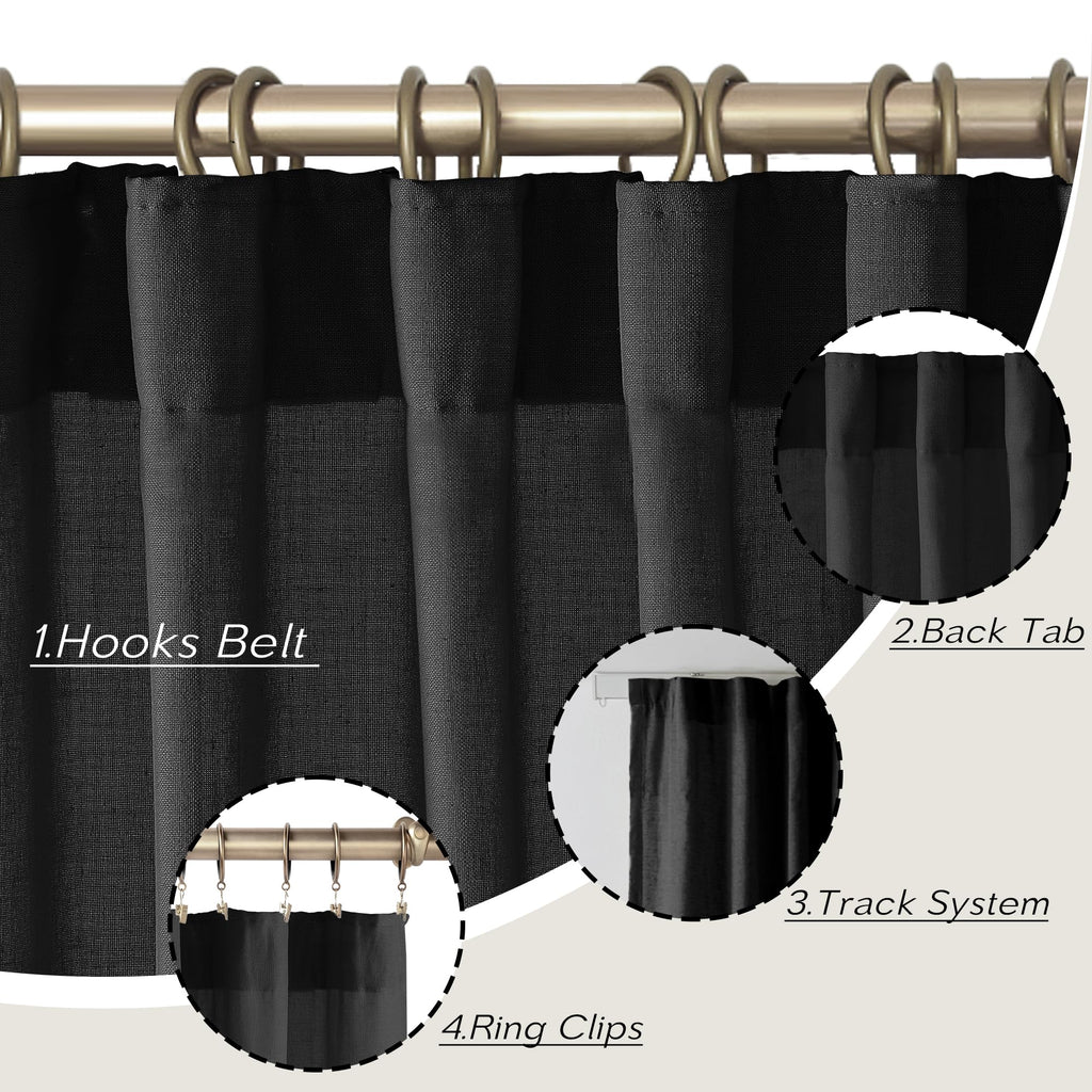 Black Linen Cotton Blend Sheer Curtains, Moody Light Filtering Drapes for Dark Academia Inspired Study Bedroom Living Room, 84 Inch Long 2 Panels Set