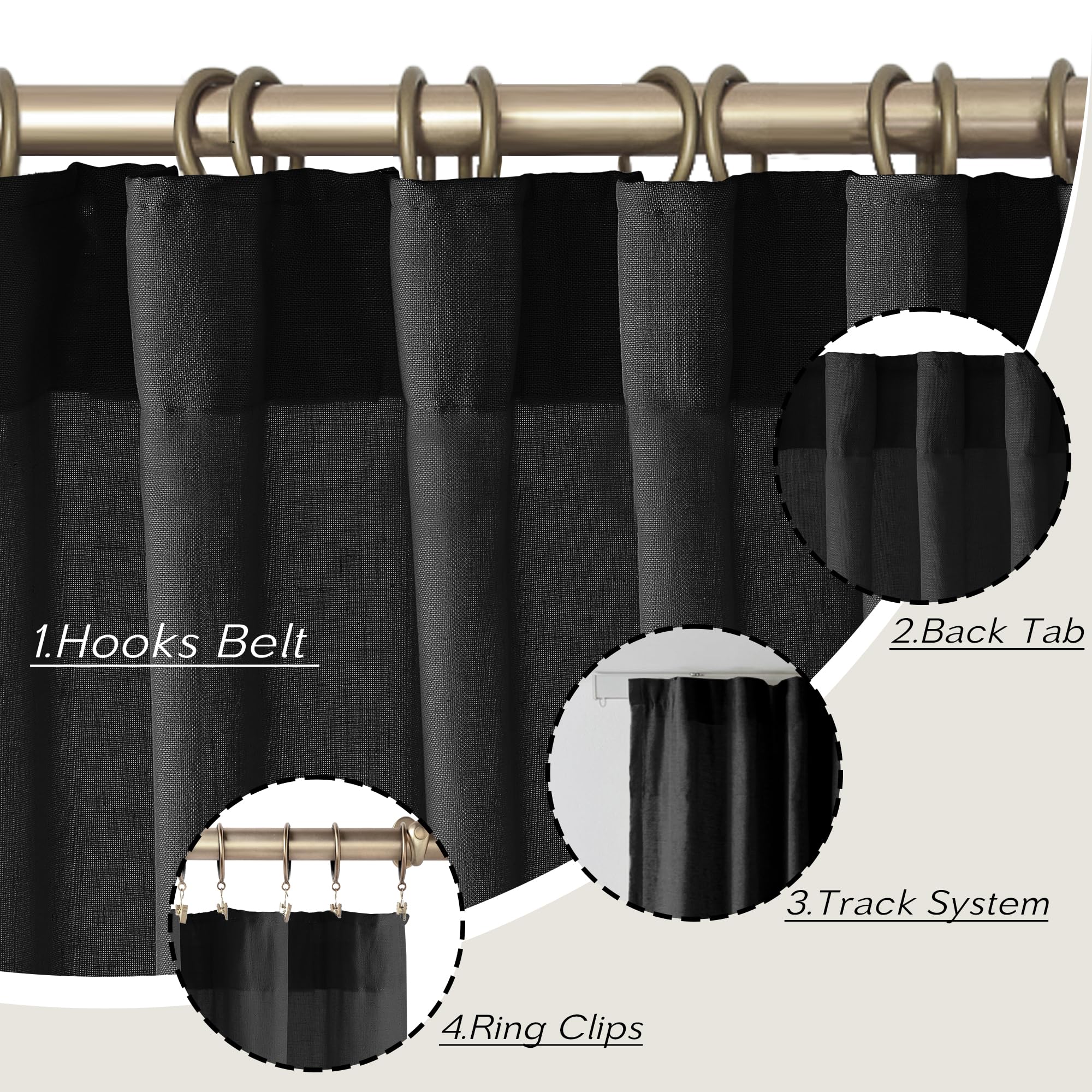 Black Linen Cotton Blend Sheer Curtains, Moody Light Filtering Drapes for Dark Academia Inspired Study Bedroom Living Room, 84 Inch Long 2 Panels Set