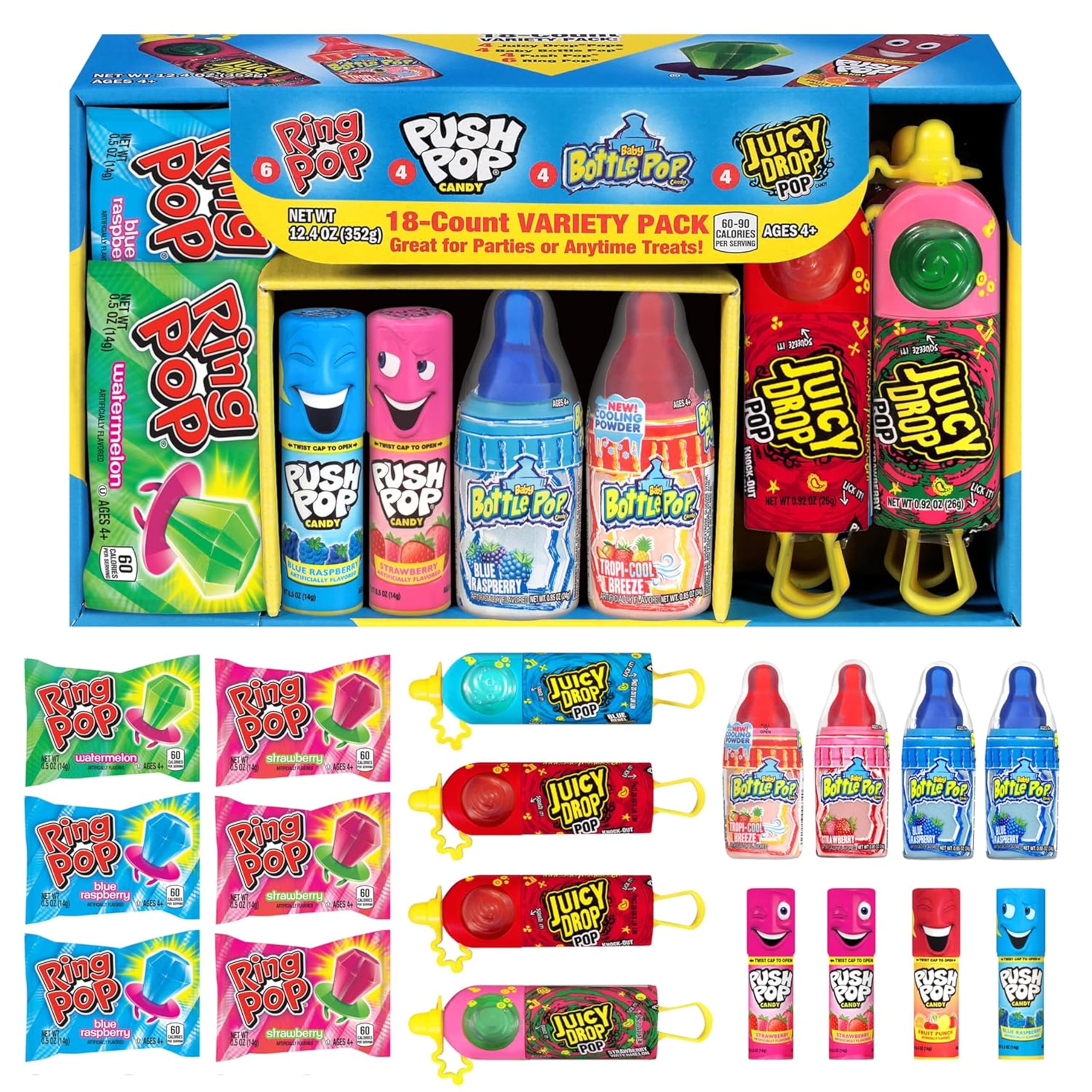 Assorted Candy Variety Pack 4 Count Lollipops - Ring Pop, Push Pop, Baby Bottle Pop & Juicy Drop - Ideal for Kids Party Favors, Party Favor Bags by Bazooka Brands