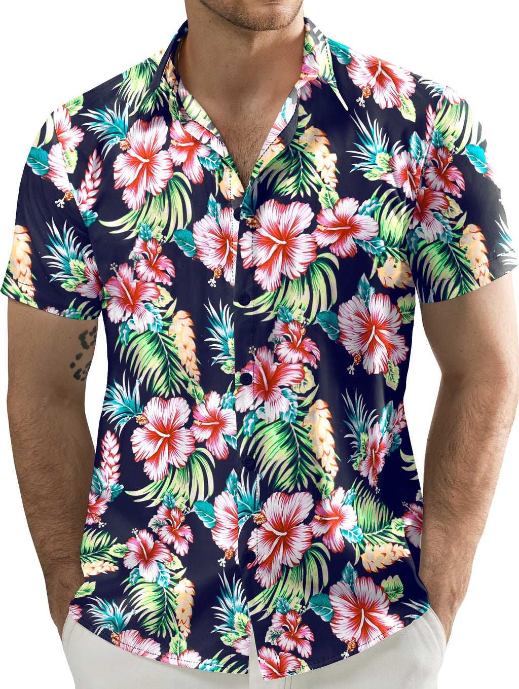 JOGAL Men's Flower Casual Short Sleeve Aloha Hawaiian Shirt