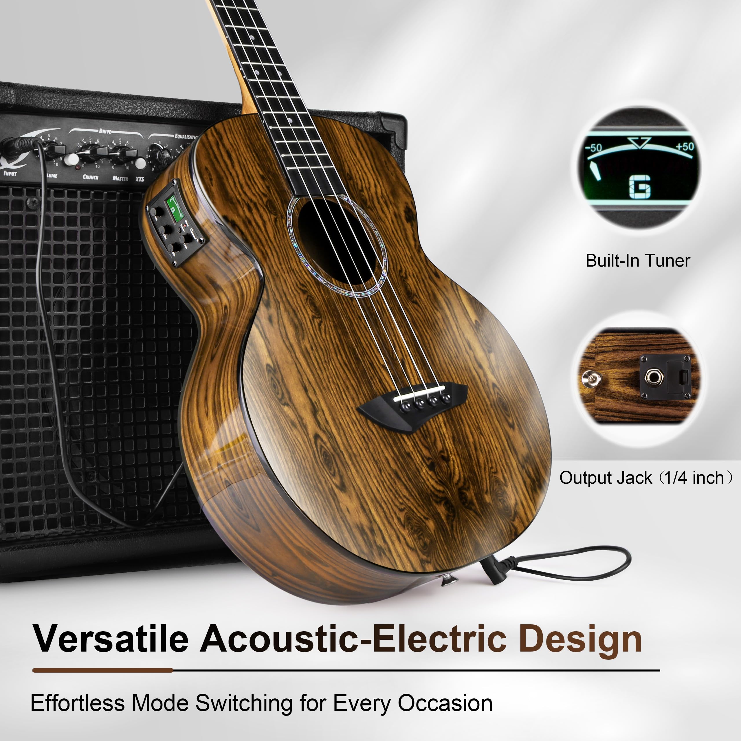Caramel TEG95 Butterfly Bocote Glossy Tenor Acoustic & Electric Ukulele | 26-inch Handmade Professional Ukelele Kit with Accessories