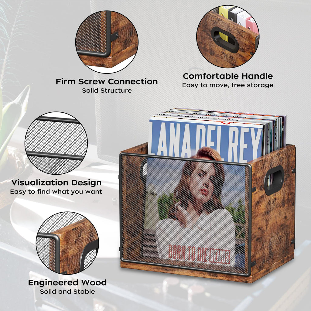 Homeiju Vinyl Record Storage, Record Box Case Crate, Vinyl Record Album Holder, Desktop Metal & Wooden LP Record Crate, Holds up to 60 Records（Patent No.D1024563