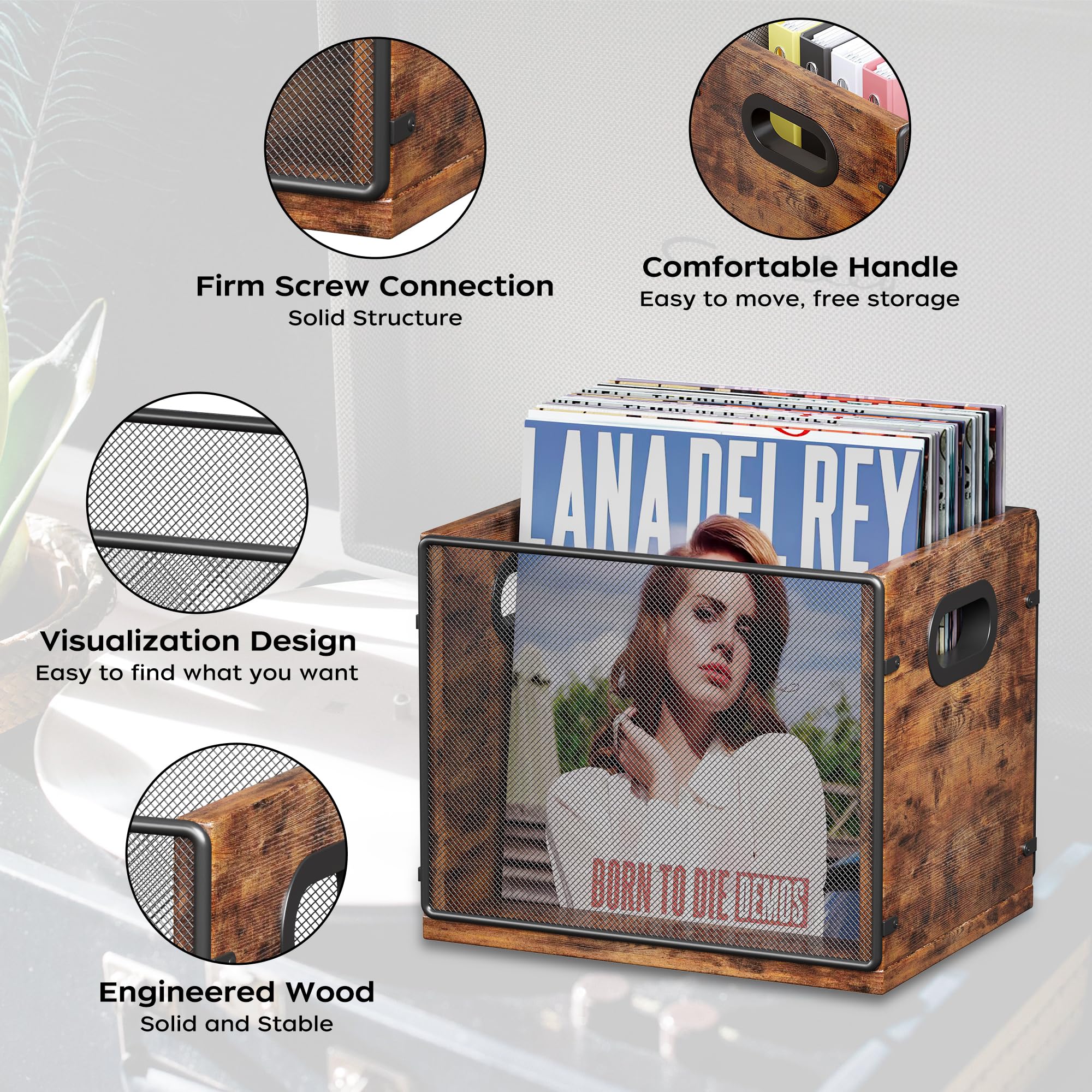 Homeiju Vinyl Record Storage, Record Box Case Crate, Vinyl Record Album Holder, Desktop Metal & Wooden LP Record Crate, Holds up to 60 Records（Patent No.D1024563