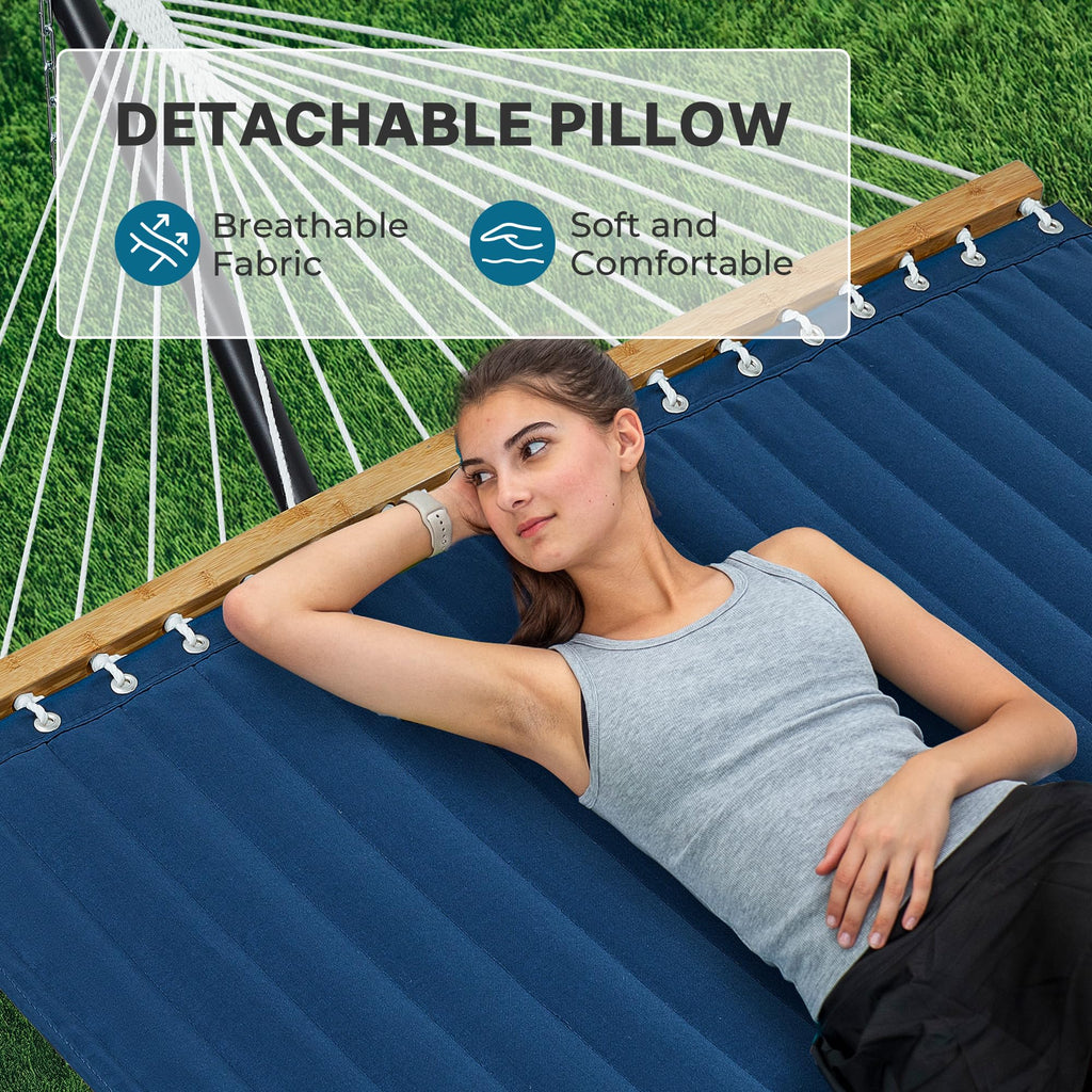 SUPERJARE Hammock with Stand, 2 Person Quilted Outdoor Hammock, Detachable Pillow & Bamboo Spreaders, Portable Hammock with Carrying Bag, Heavy Duty Stand, Perfect for Outside, Patio, Aqua Blue