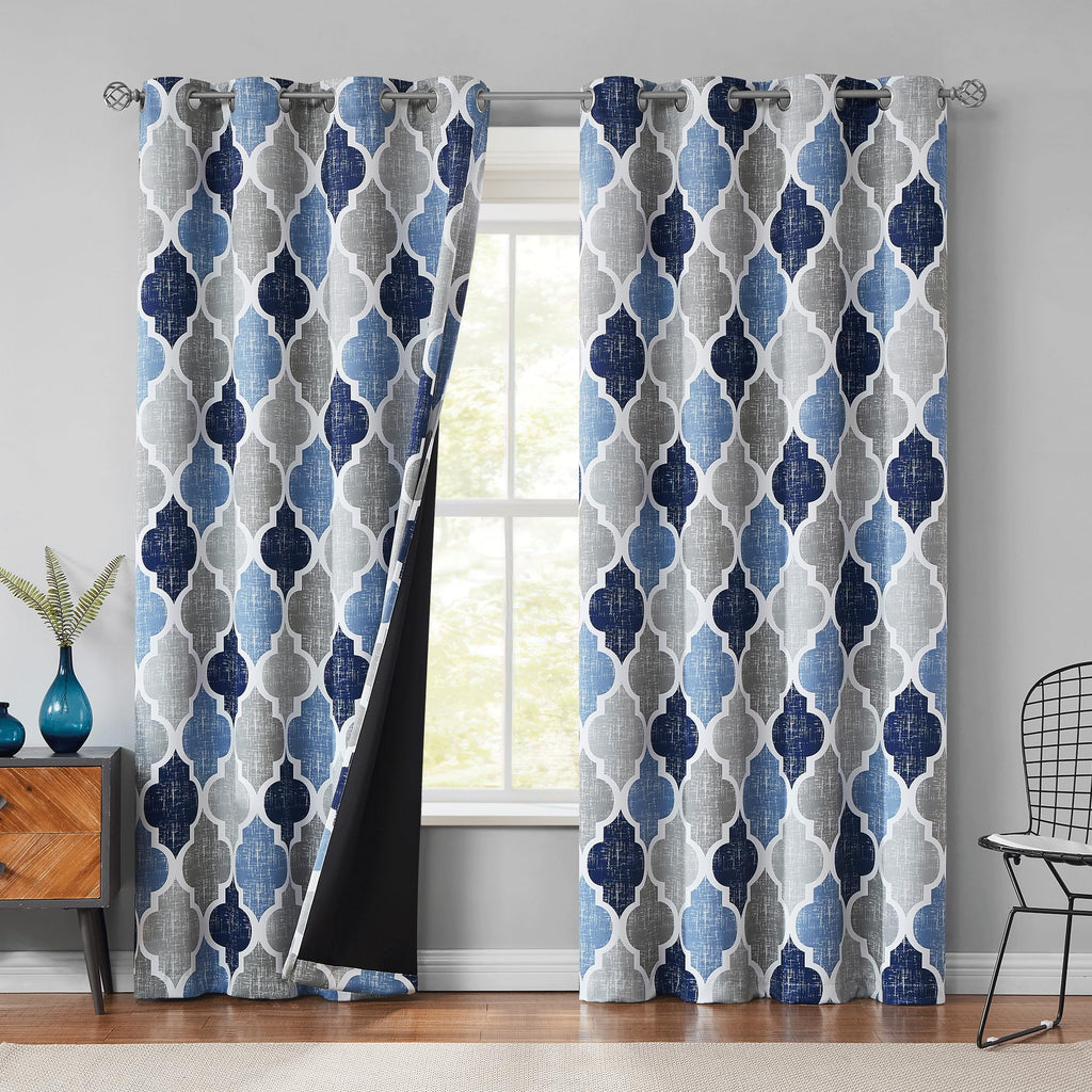 Beauoop 100% Blackout Curtains 45 Inches Long 2 Panels for Bedroom Living Room Aqua Grey Moroccan Geo Room Darkening Thermal Insulated Soundproof Grommet Top Window Treatments Drapes, 50x45 Set of 2