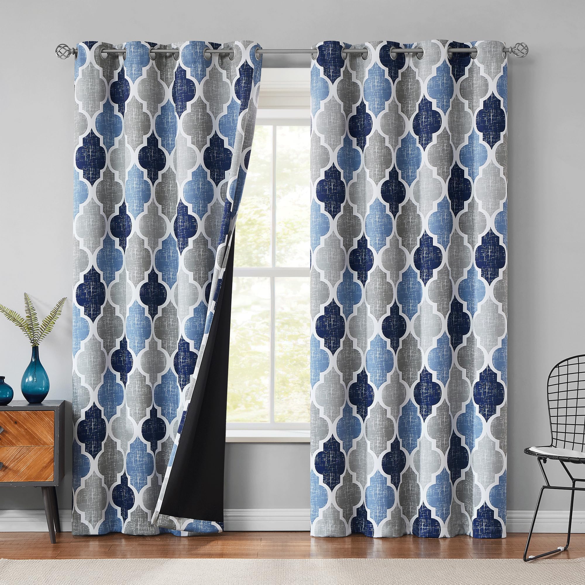 Beauoop 100% Blackout Curtains 45 Inches Long 2 Panels for Bedroom Living Room Aqua Grey Moroccan Geo Room Darkening Thermal Insulated Soundproof Grommet Top Window Treatments Drapes, 50x45 Set of 2