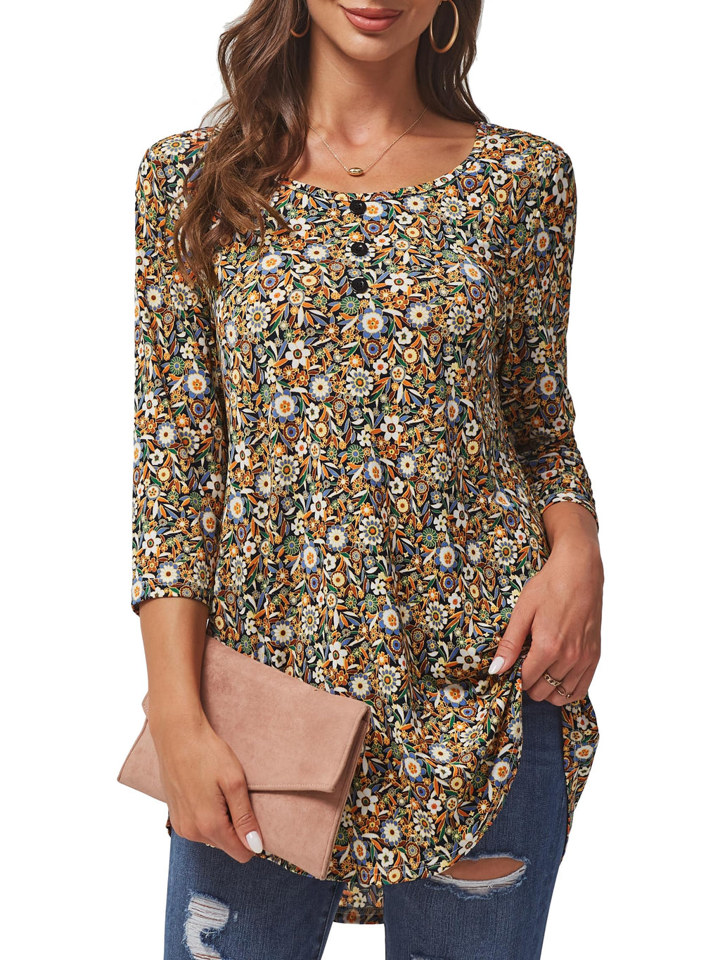 BAISHENGGT Womens Tops 3/4 Sleeve Round Neck Casual Tunic Tops Fall Fashion 2025 Dressy Casual Blouses